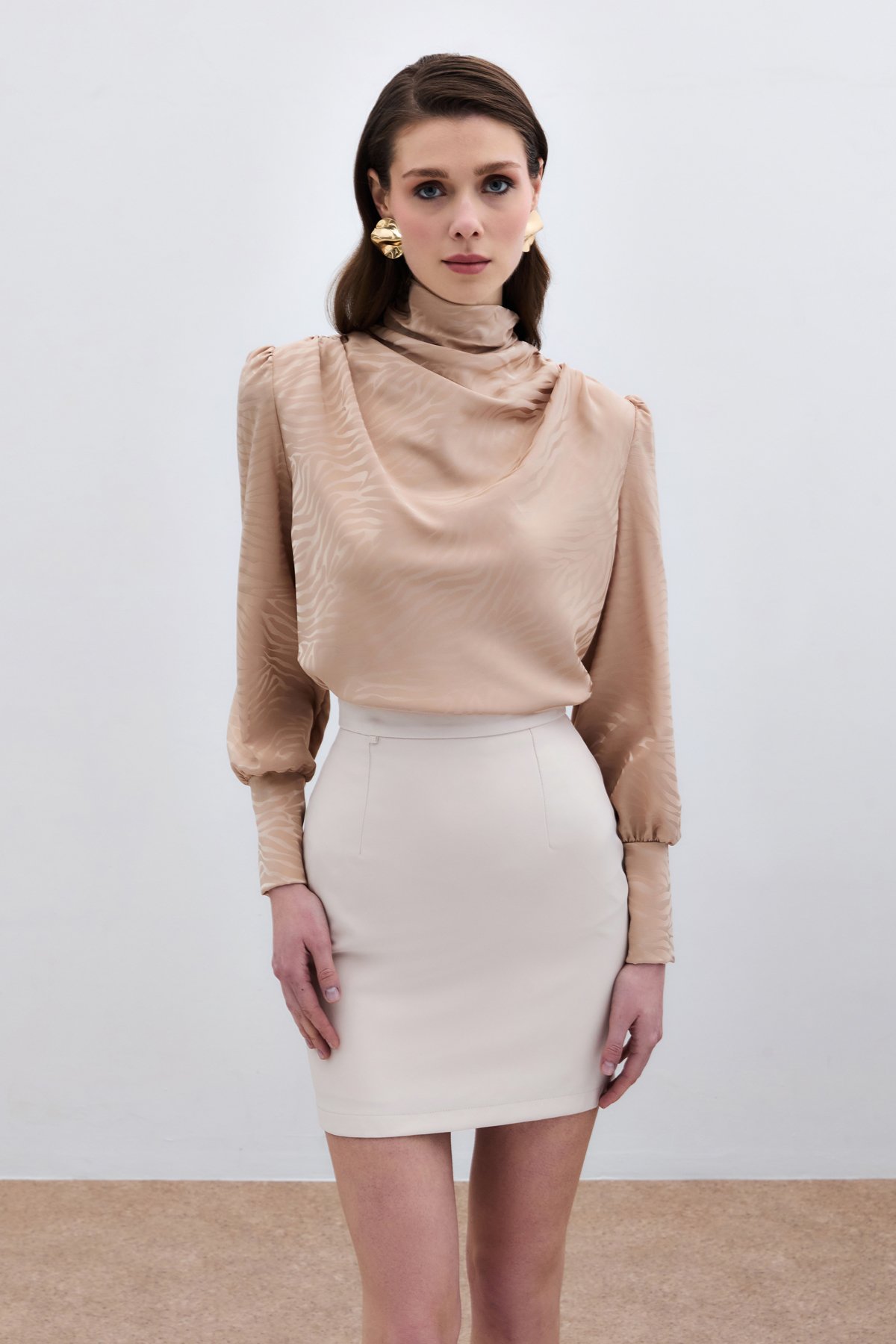 Drapeli Desenli Bluz - Camel