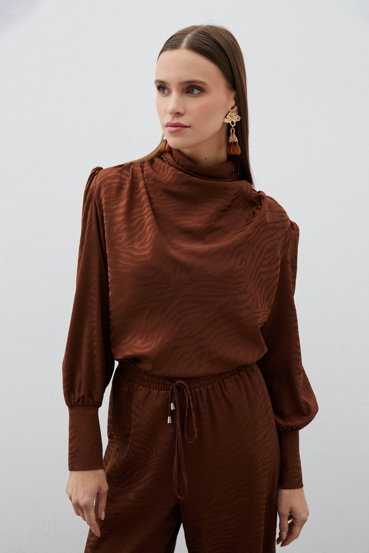 Drapeli Desenli Bluz - KAHVE