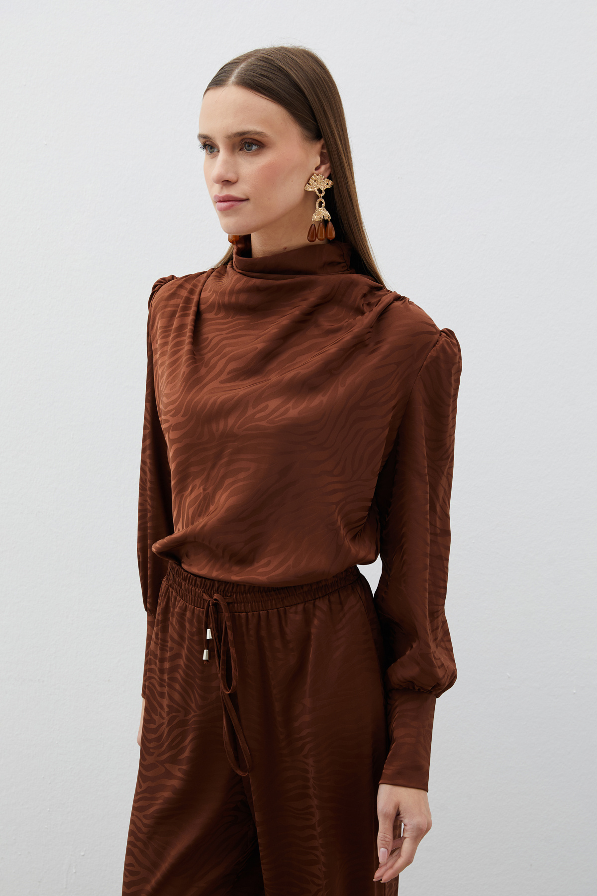 Drapeli Desenli Bluz - KAHVE