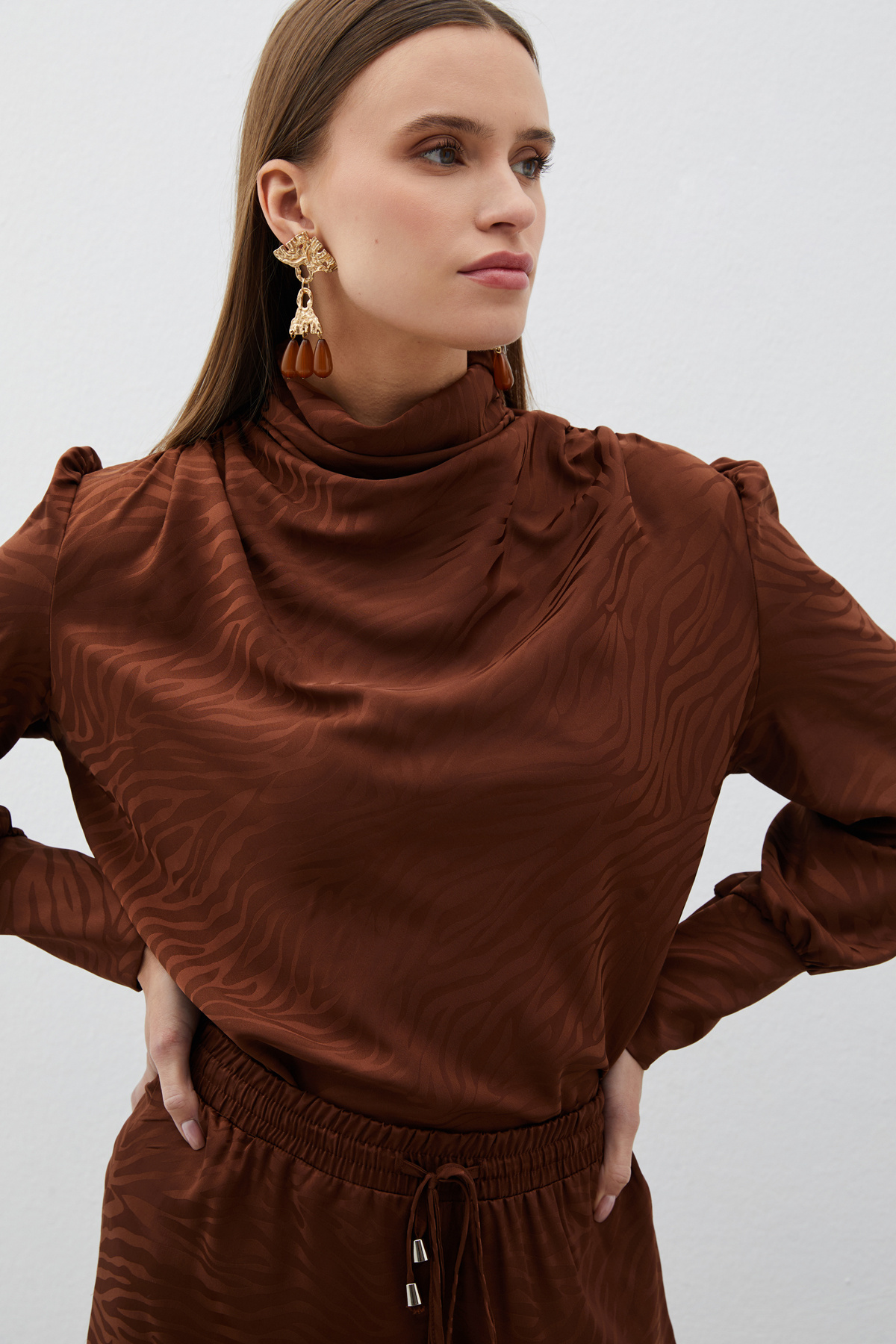 Drapeli Desenli Bluz - KAHVE