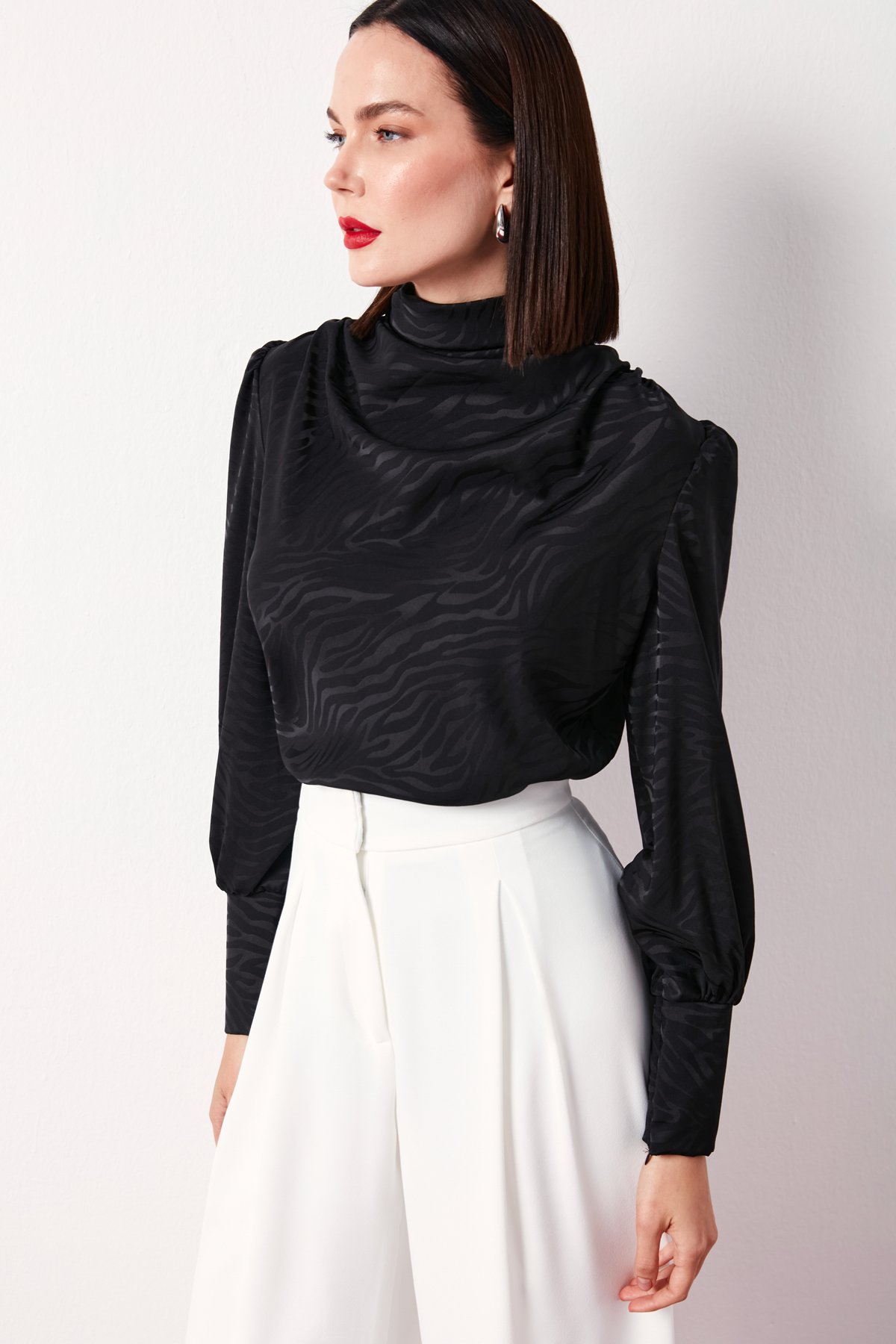 Draped Patterned Blouse - BLACK