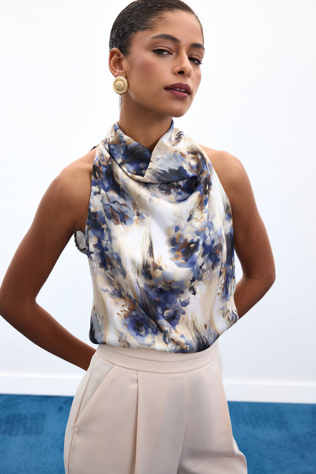Drapeli Halter Yaka Desenli Bluz - İndigo