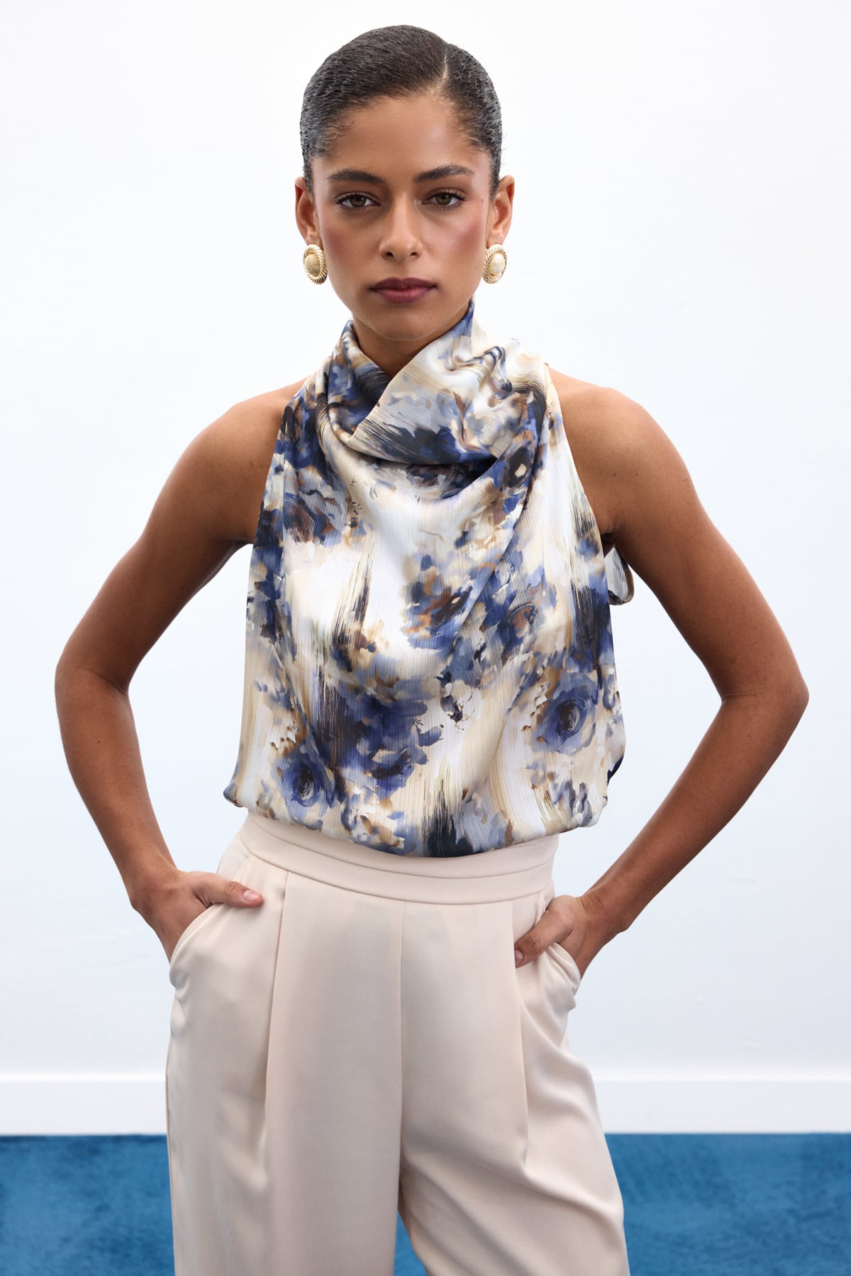 Drapeli Halter Yaka Desenli Bluz - İndigo