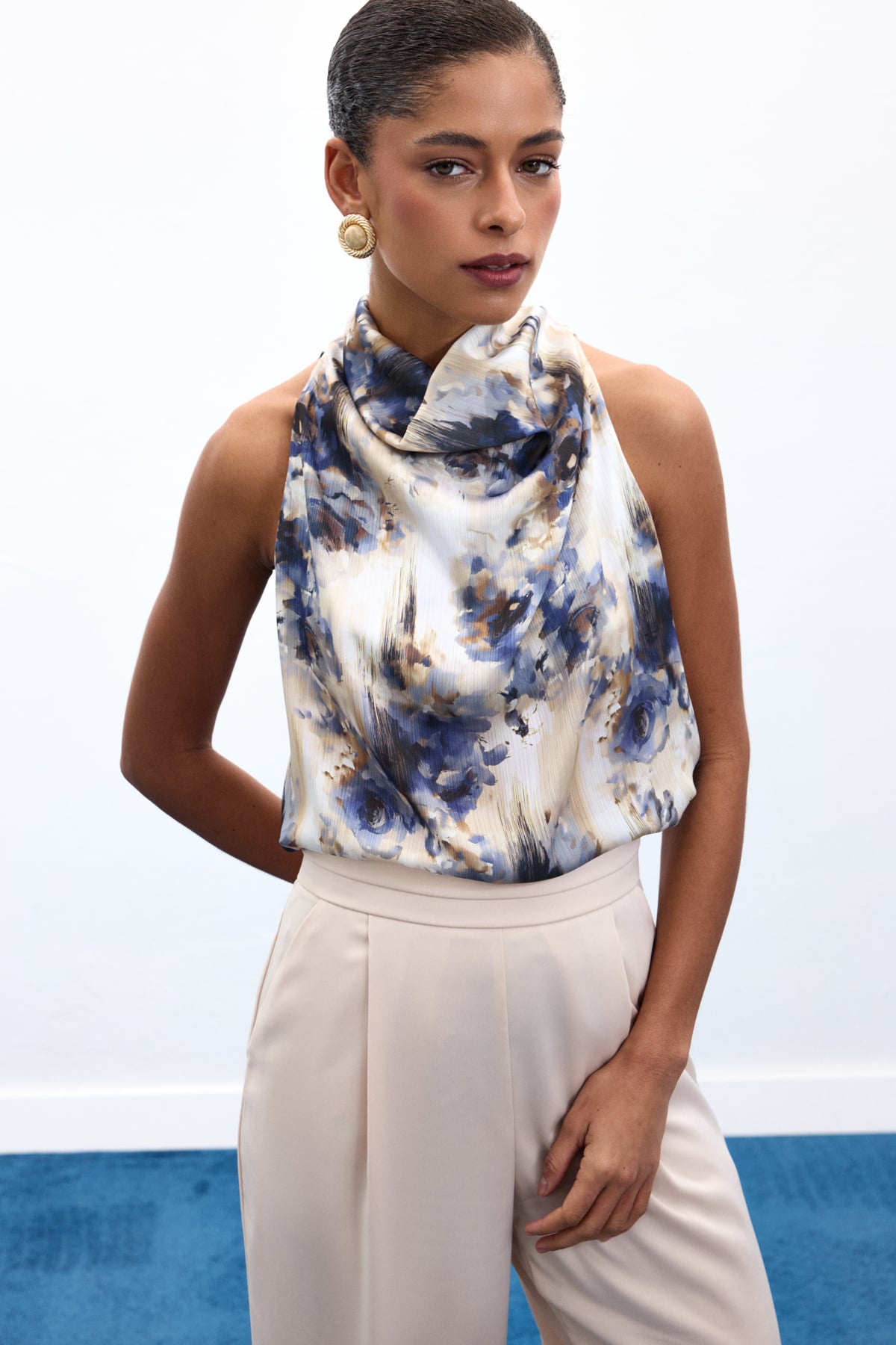 Drapeli Halter Yaka Desenli Bluz - İndigo