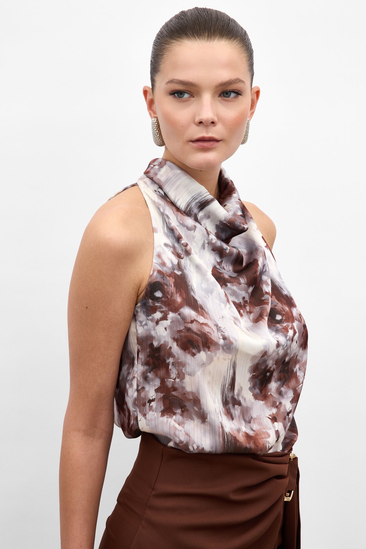 Draped Halter Neck Patterned Blouse - Brown