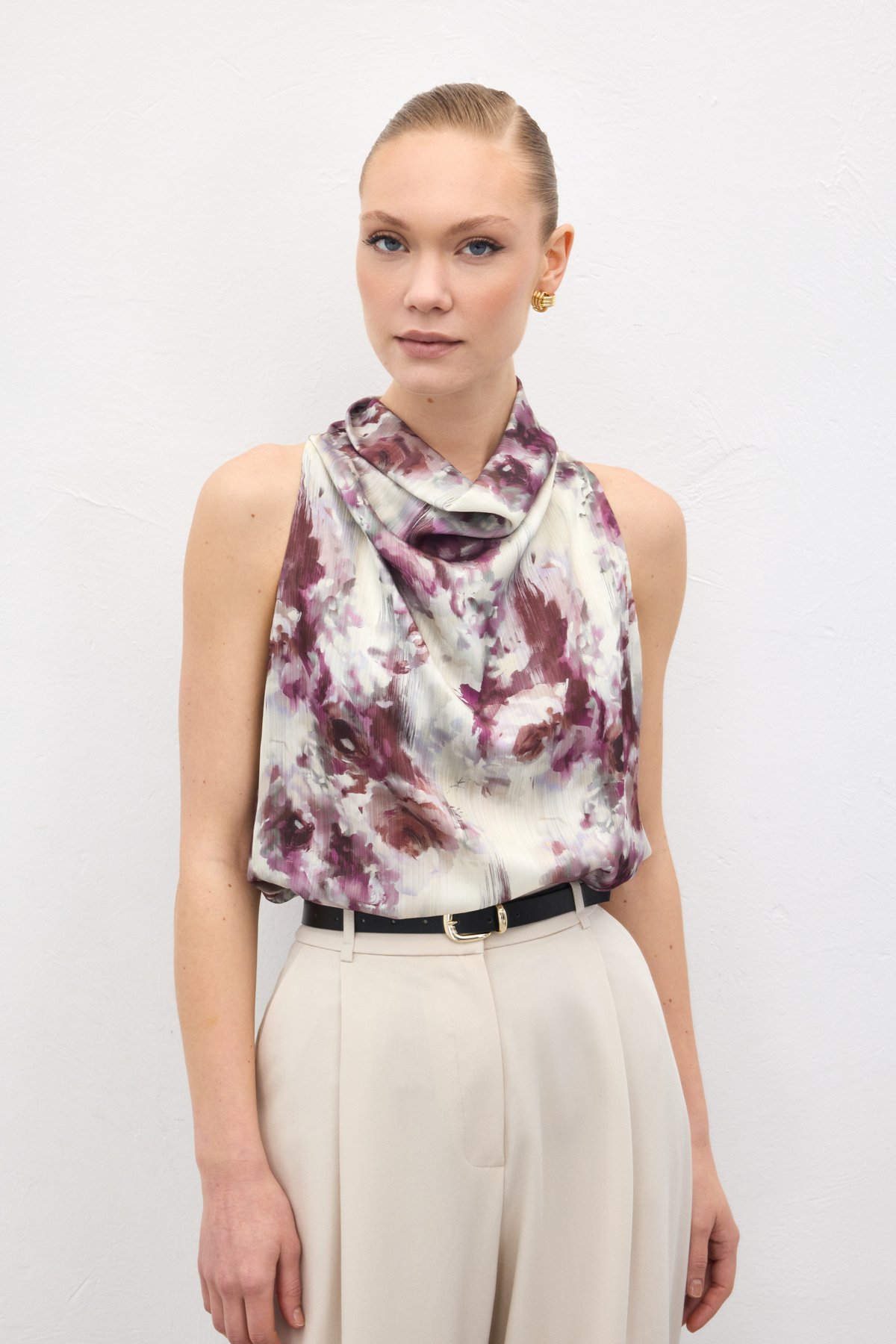 Draped Halter Neck Patterned Blouse - Murdum