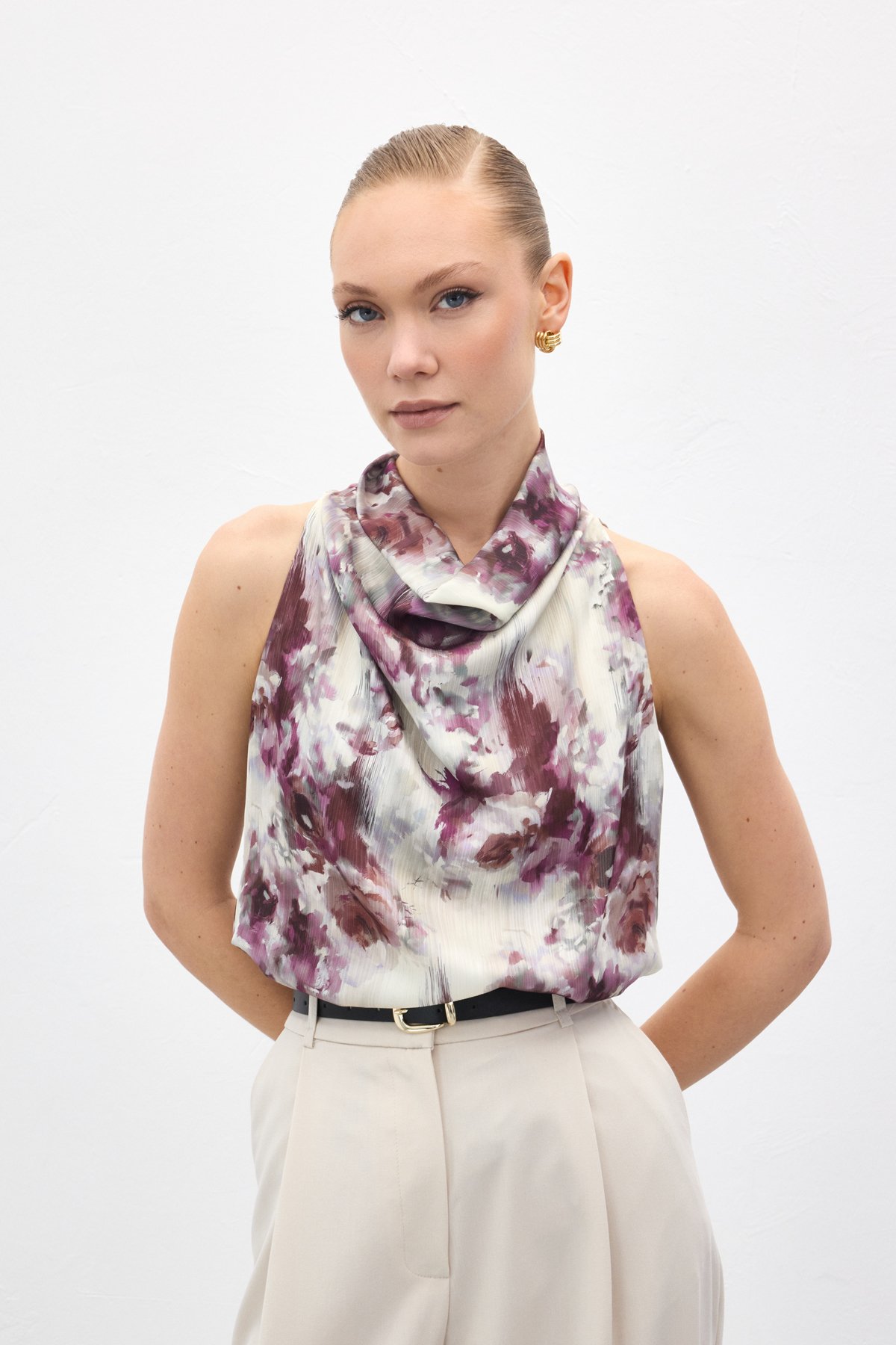 Draped Halter Neck Patterned Blouse - Murdum