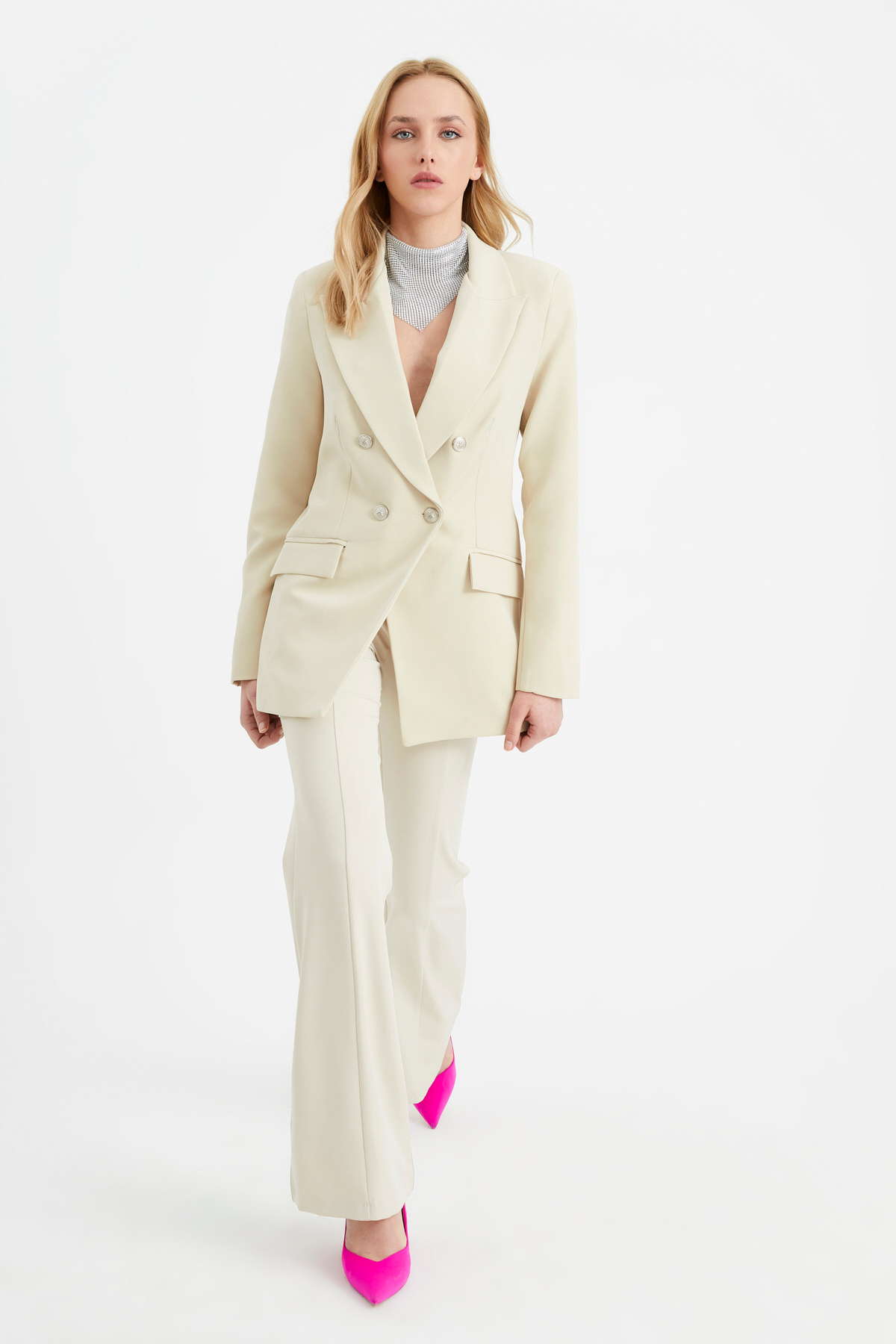 Wide trousers with button accessories - CREAM
