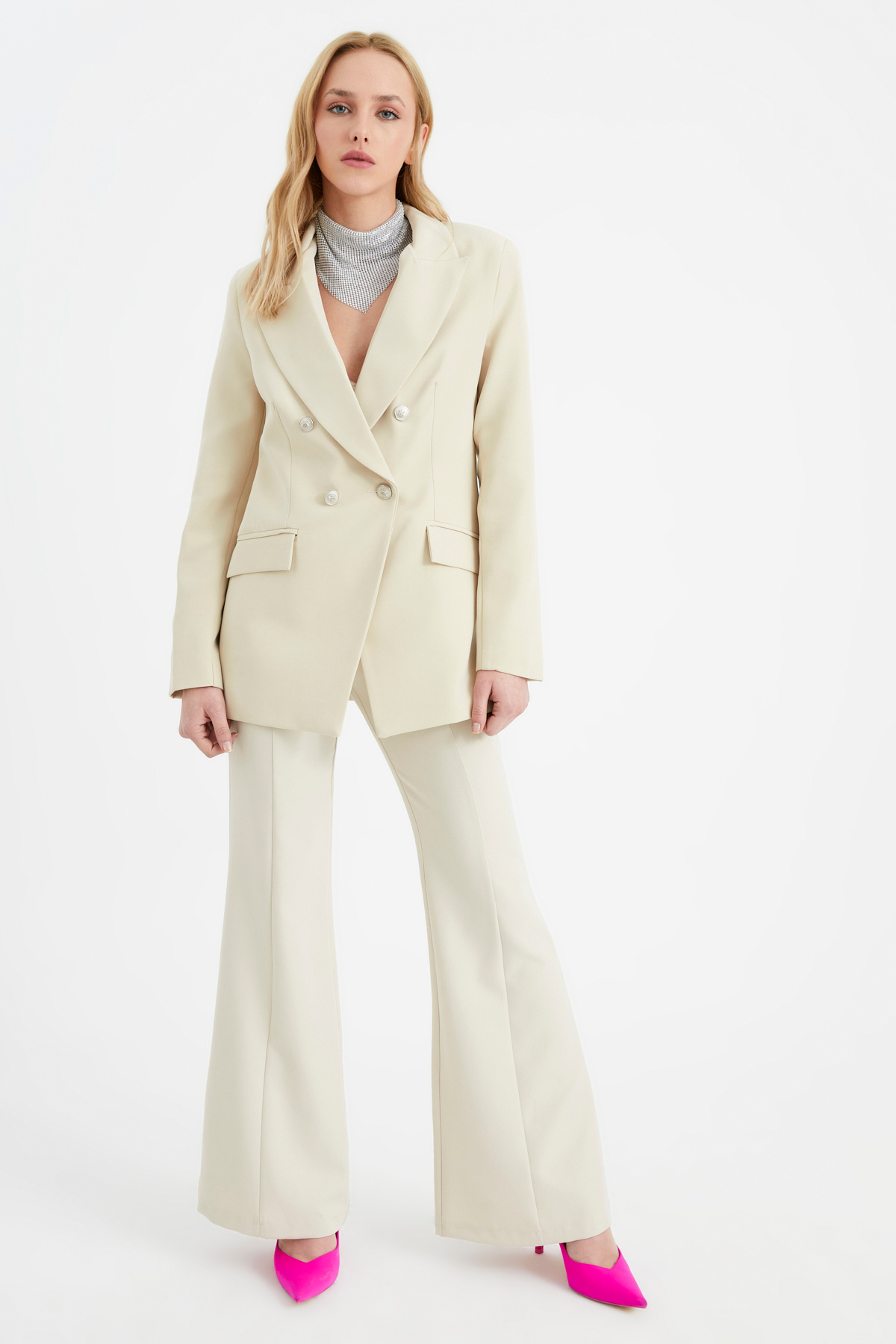 Wide trousers with button accessories - CREAM