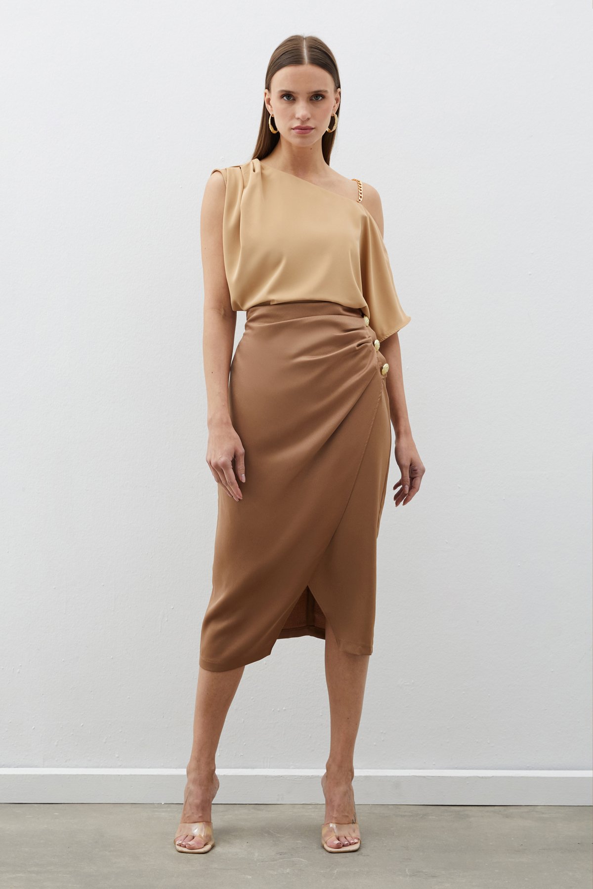 Button Accessory Satin Crepe Skirt - CAMEL