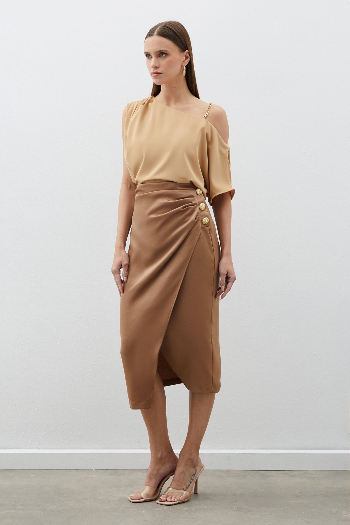Button Accessory Satin Crepe Skirt - CAMEL