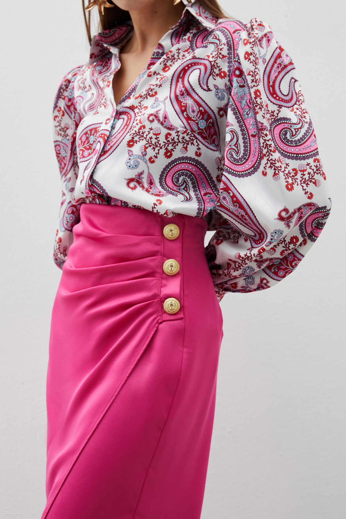 Düğme Aksesuarlı Saten Krep Etek - FUŞYA