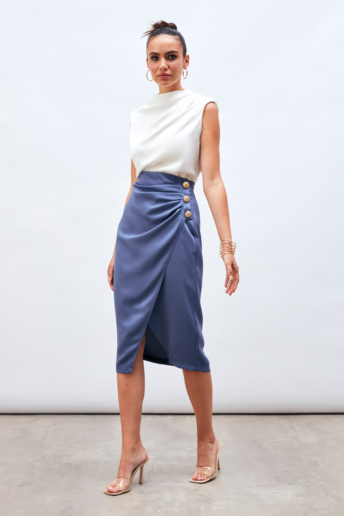 Düğme Aksesuarlı Saten Krep Etek - LİLA