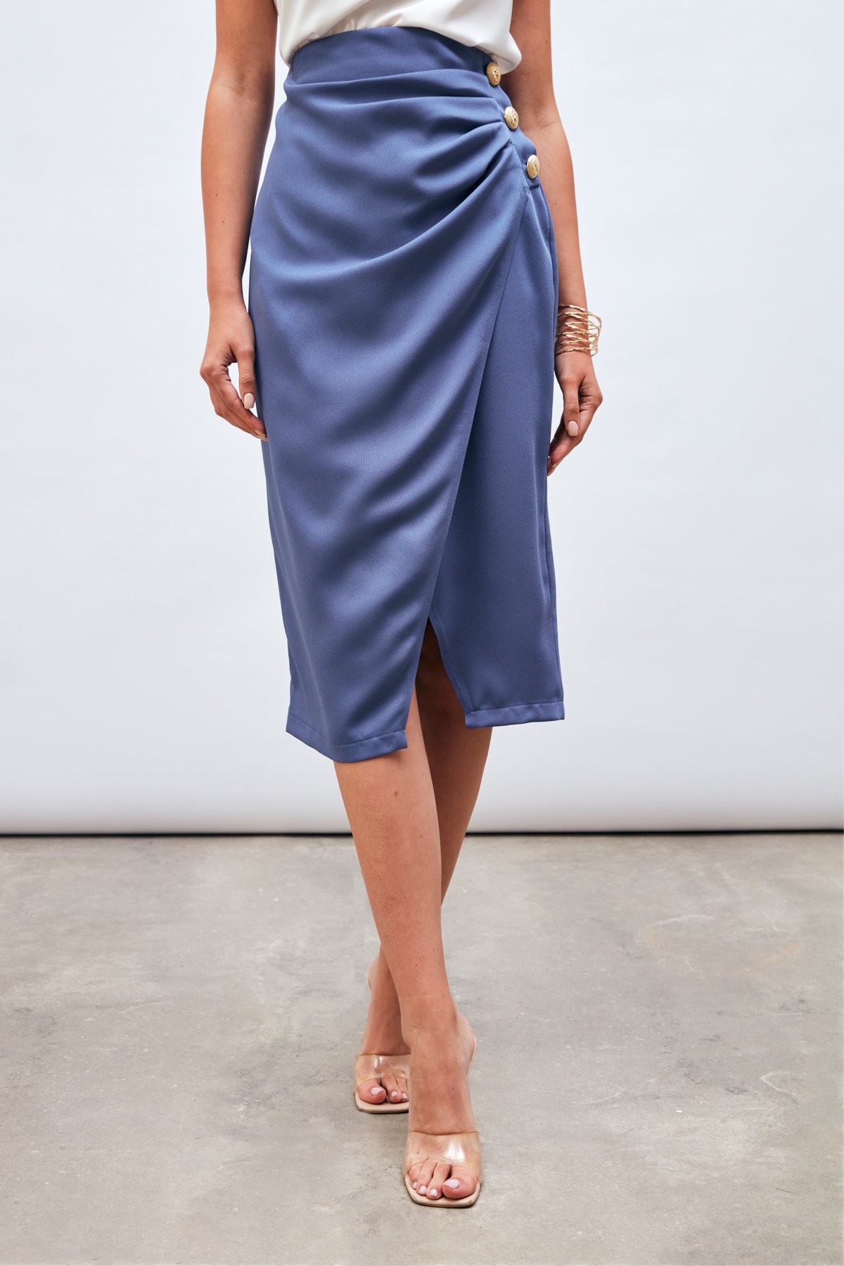 Düğme Aksesuarlı Saten Krep Etek - LİLA