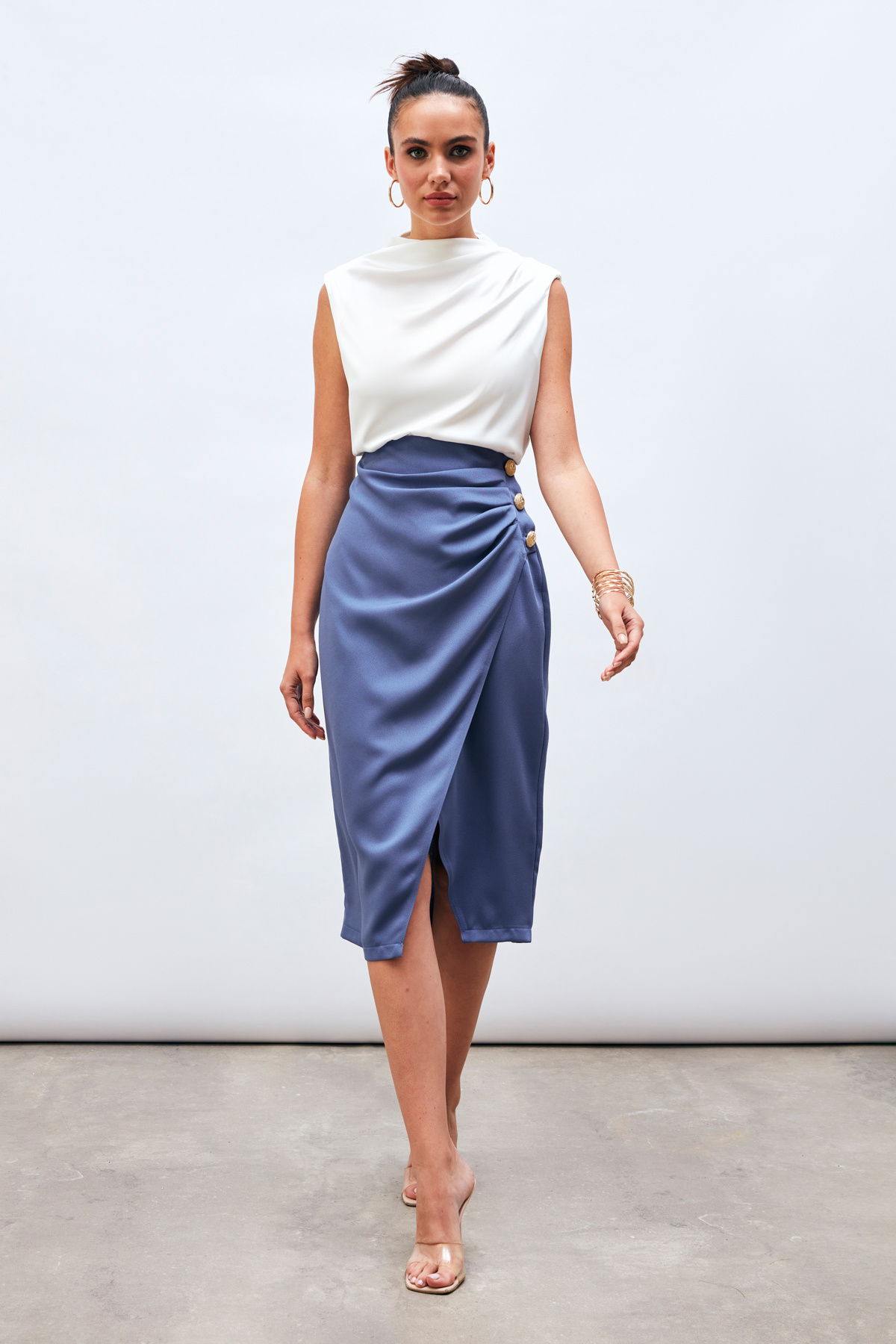 Düğme Aksesuarlı Saten Krep Etek - LİLA