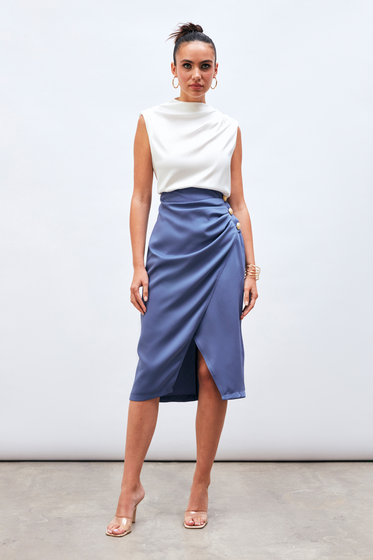 Düğme Aksesuarlı Saten Krep Etek - LİLA