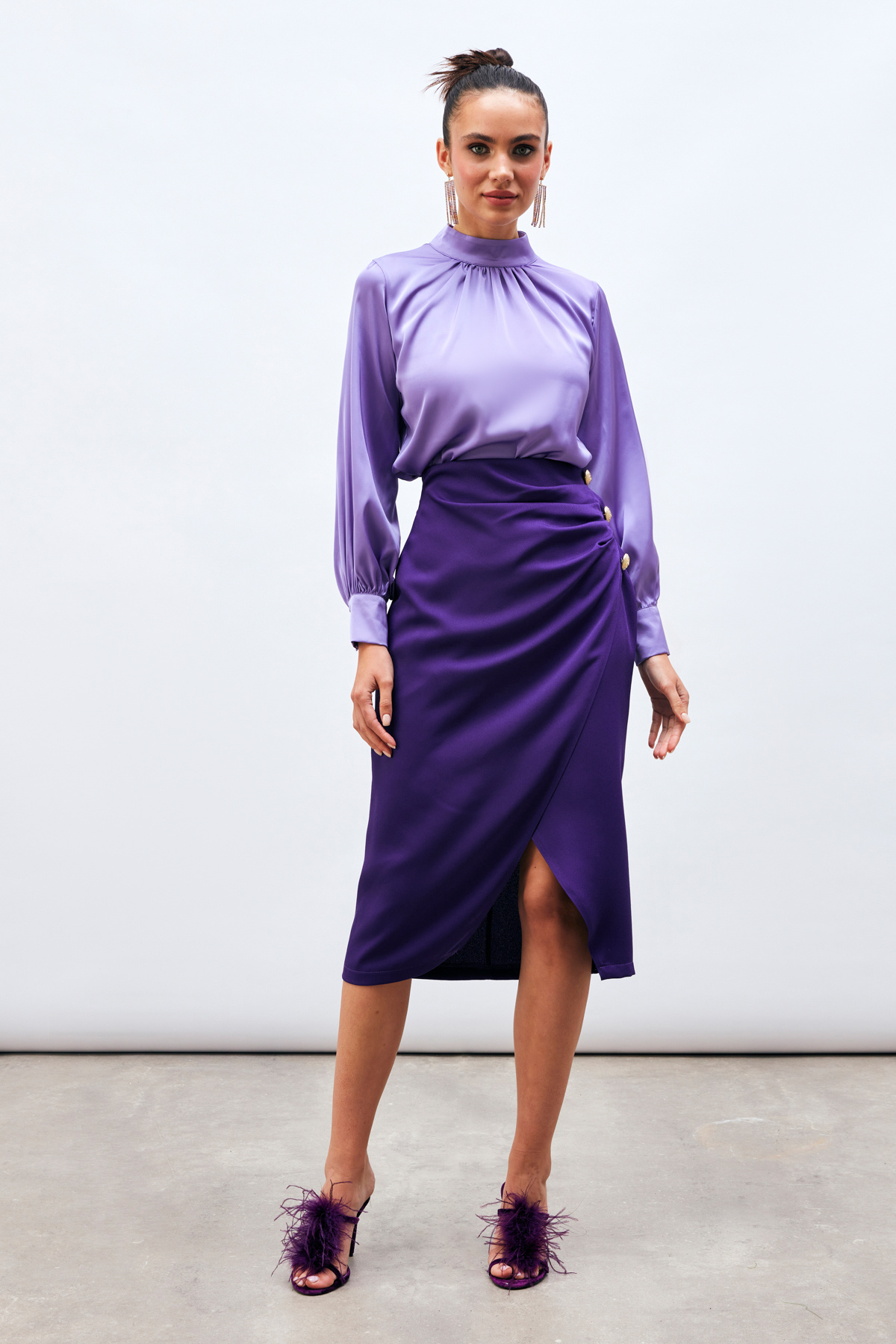 Düğme Aksesuarlı Saten Krep Etek - MOR