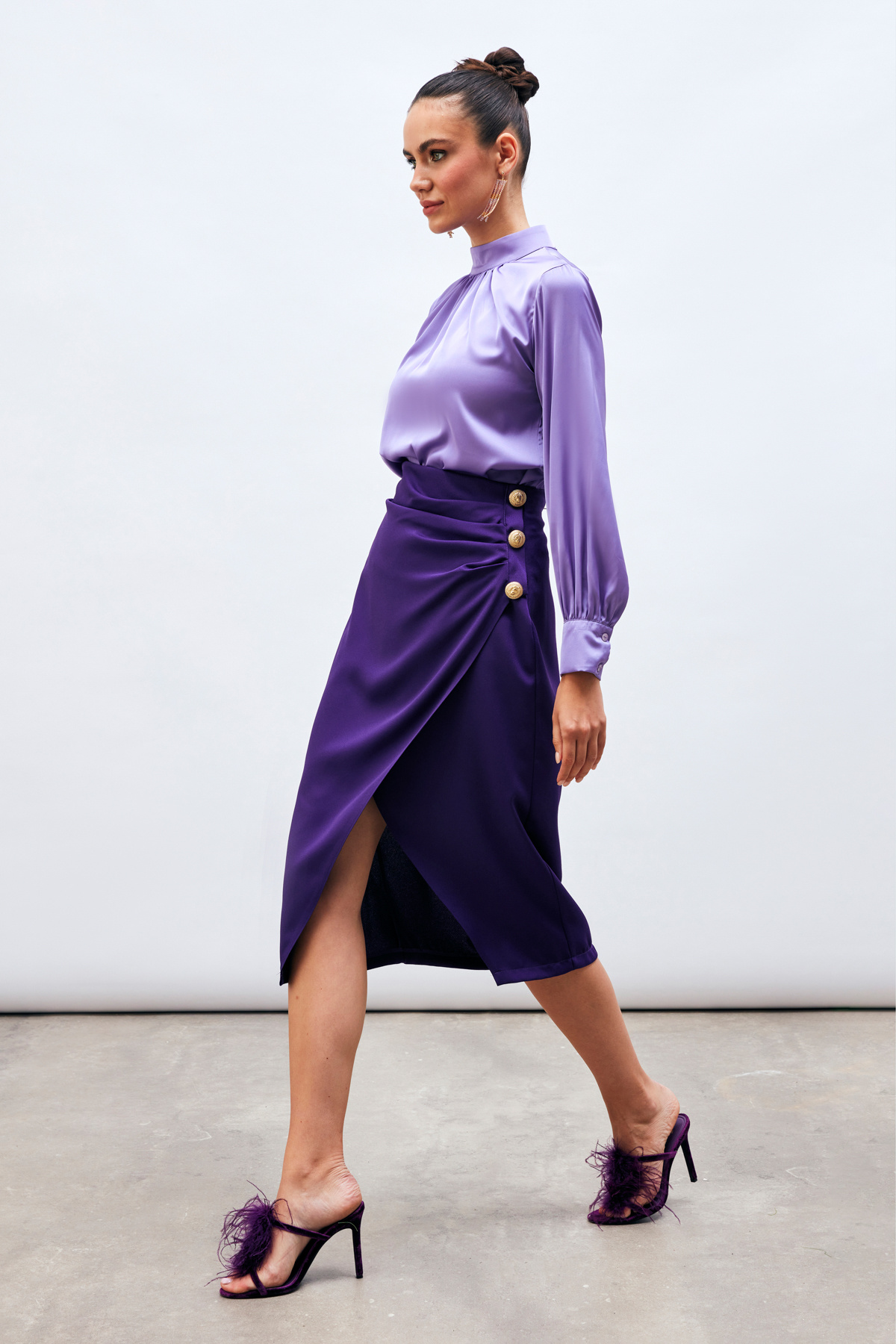 Düğme Aksesuarlı Saten Krep Etek - MOR