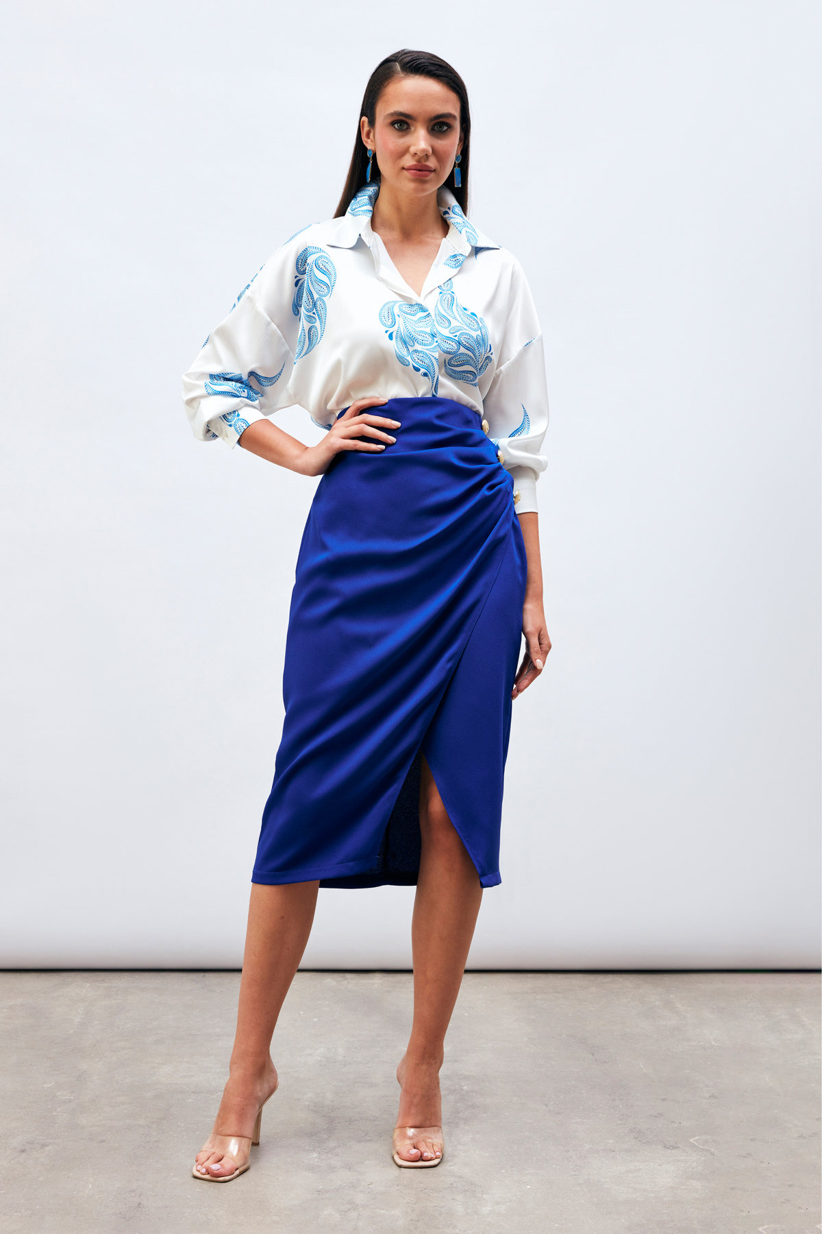 Düğme Aksesuarlı Saten Krep Etek - SAX MAVİ