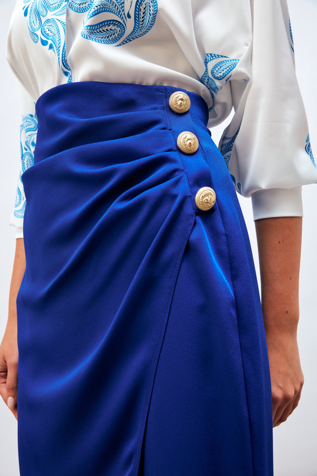 Düğme Aksesuarlı Saten Krep Etek - SAX MAVİ