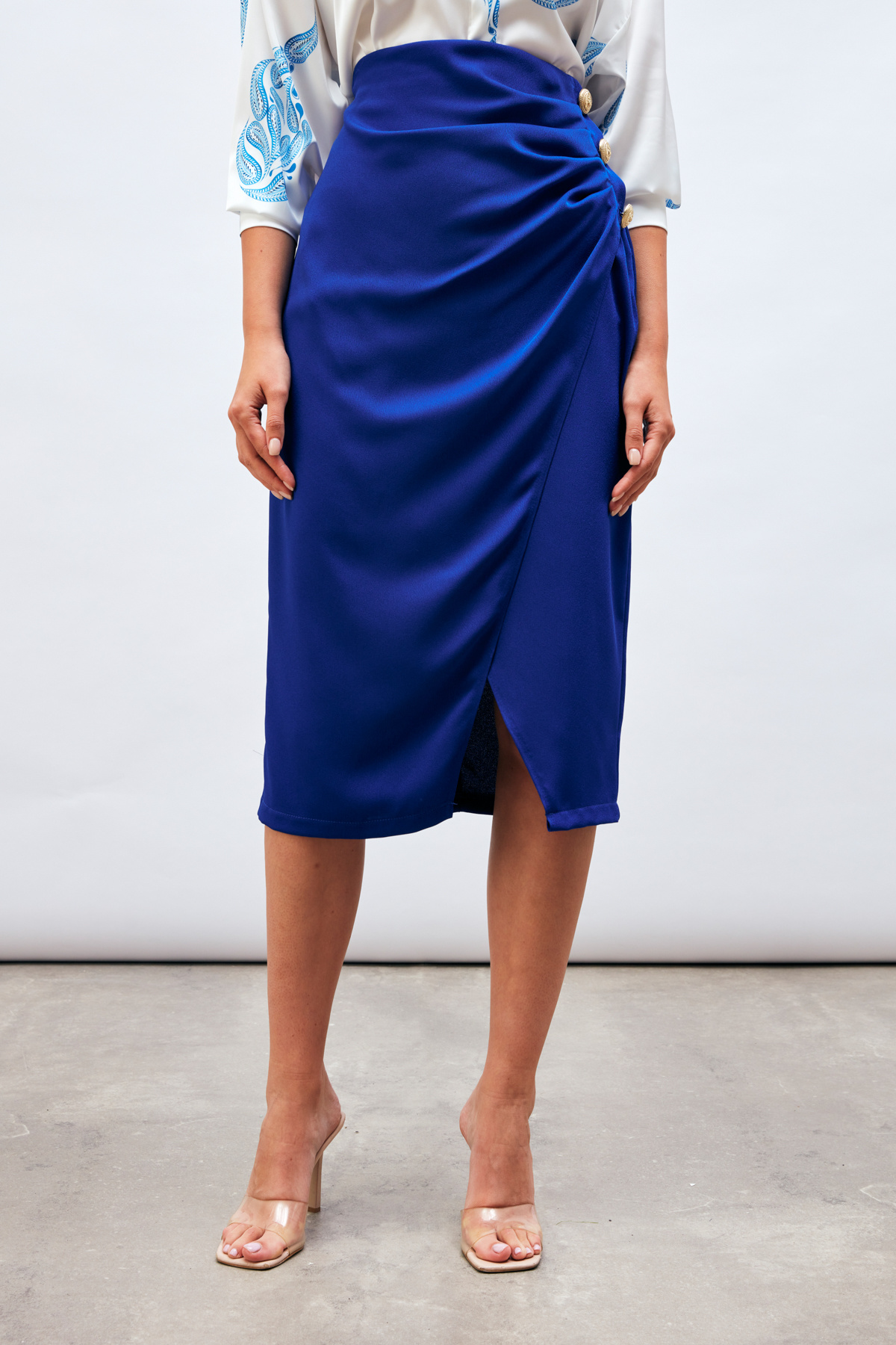 Düğme Aksesuarlı Saten Krep Etek - SAX MAVİ
