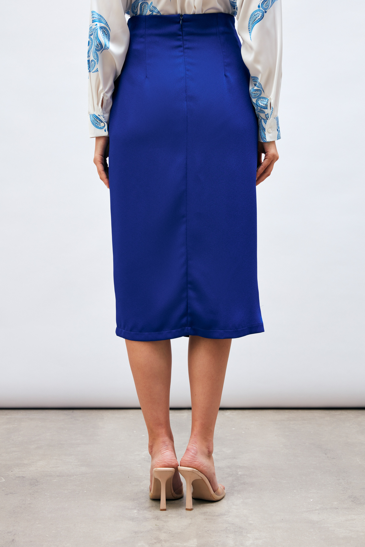 Düğme Aksesuarlı Saten Krep Etek - SAX MAVİ