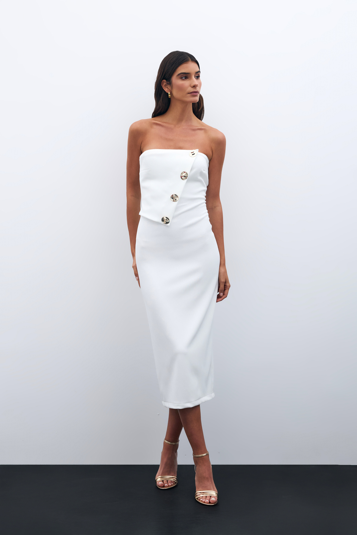 Düğme Aksesuarlı Straplez Elbise - EKRU