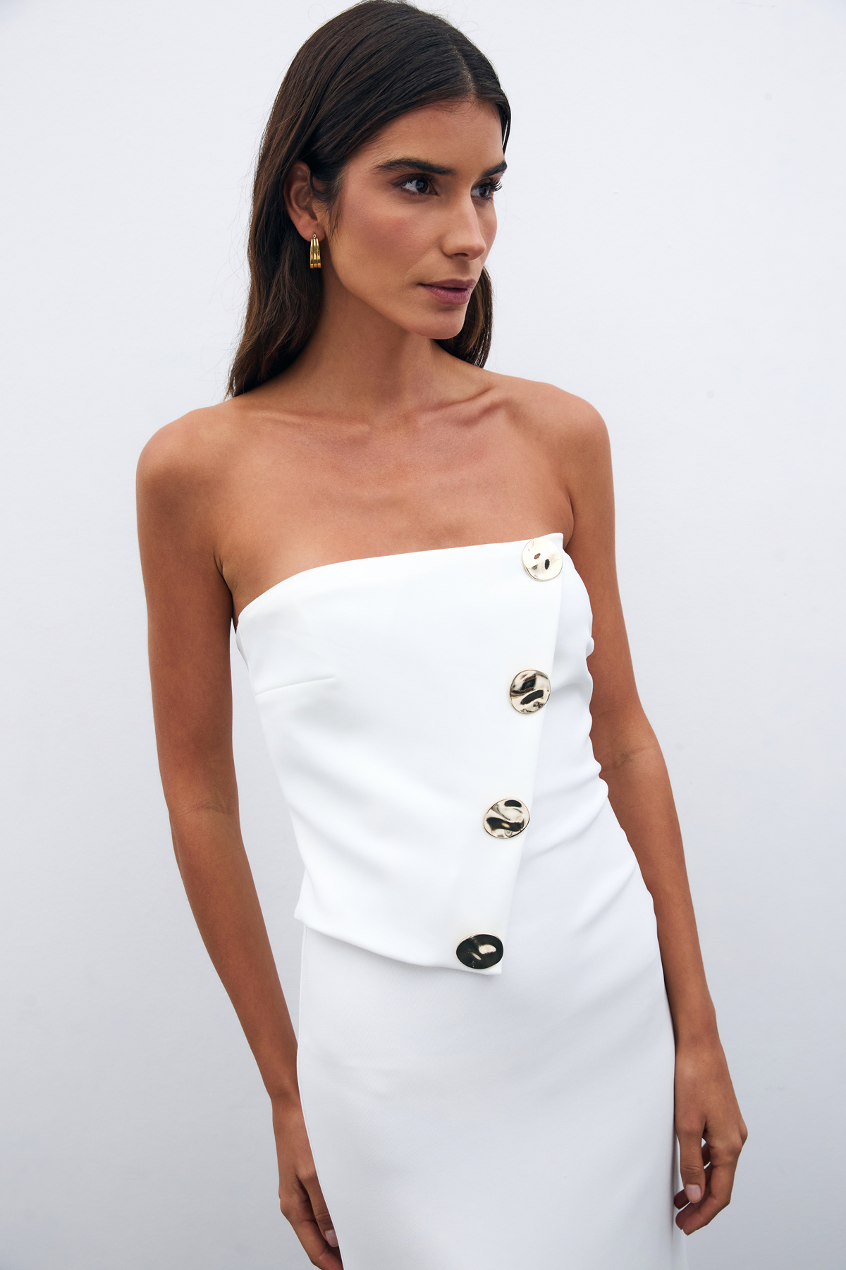 Düğme Aksesuarlı Straplez Elbise - EKRU