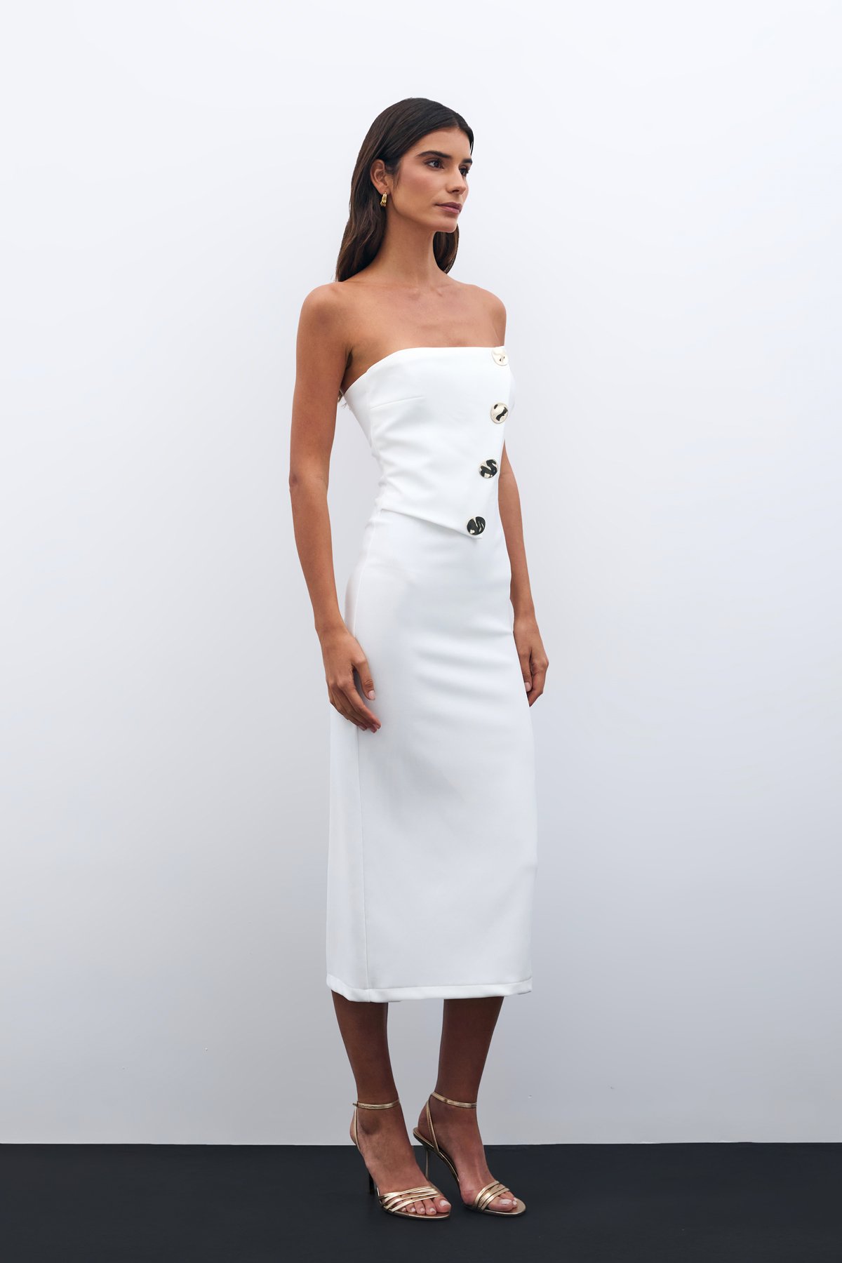 Düğme Aksesuarlı Straplez Elbise - EKRU