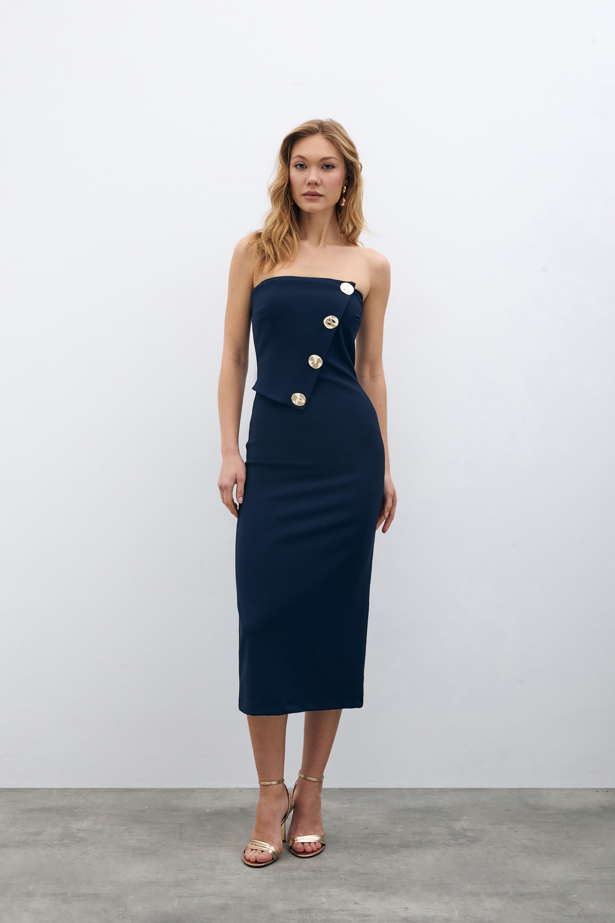 Düğme Aksesuarlı Straplez Elbise - LACİVERT