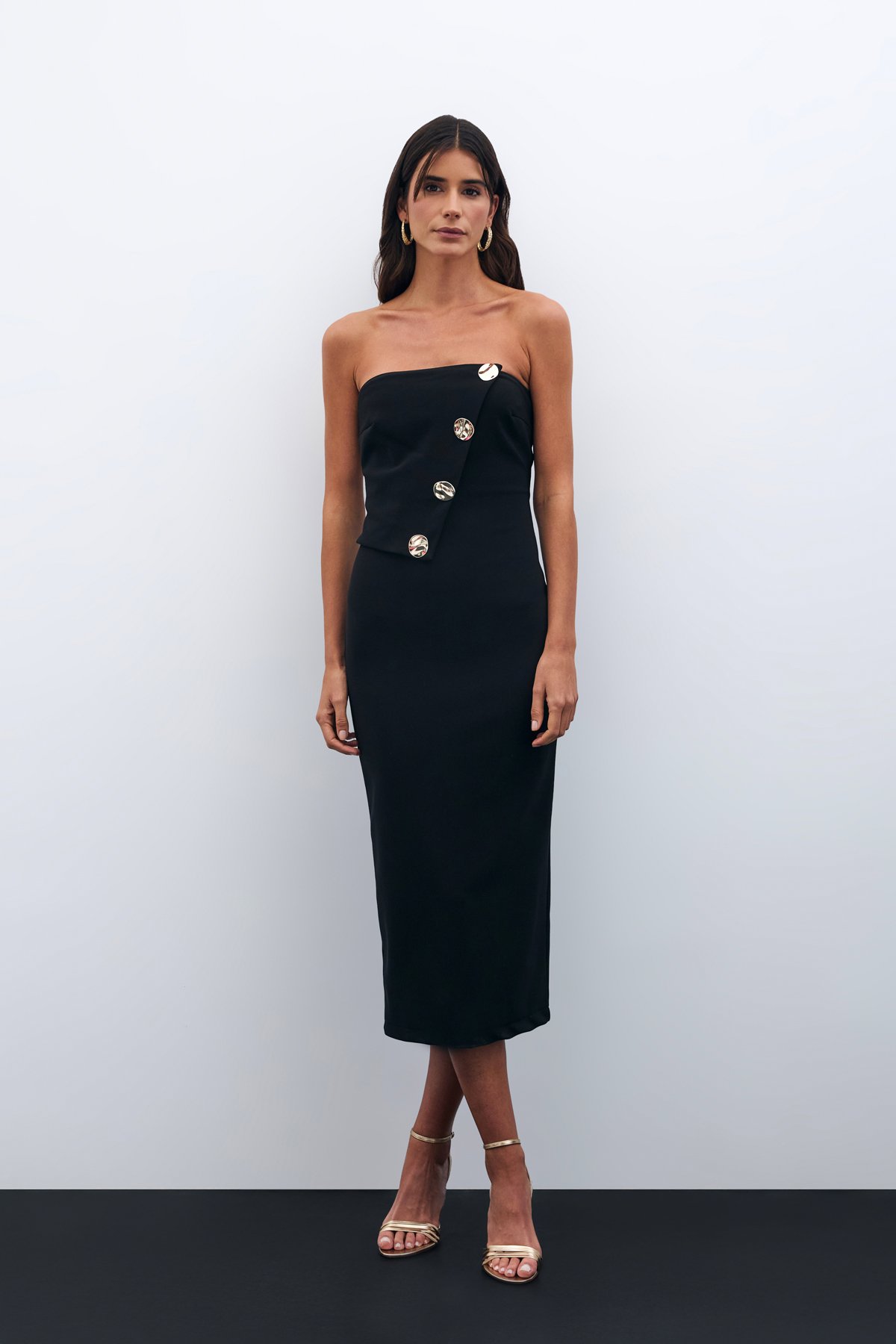 Düğme Aksesuarlı Straplez Elbise - SİYAH
