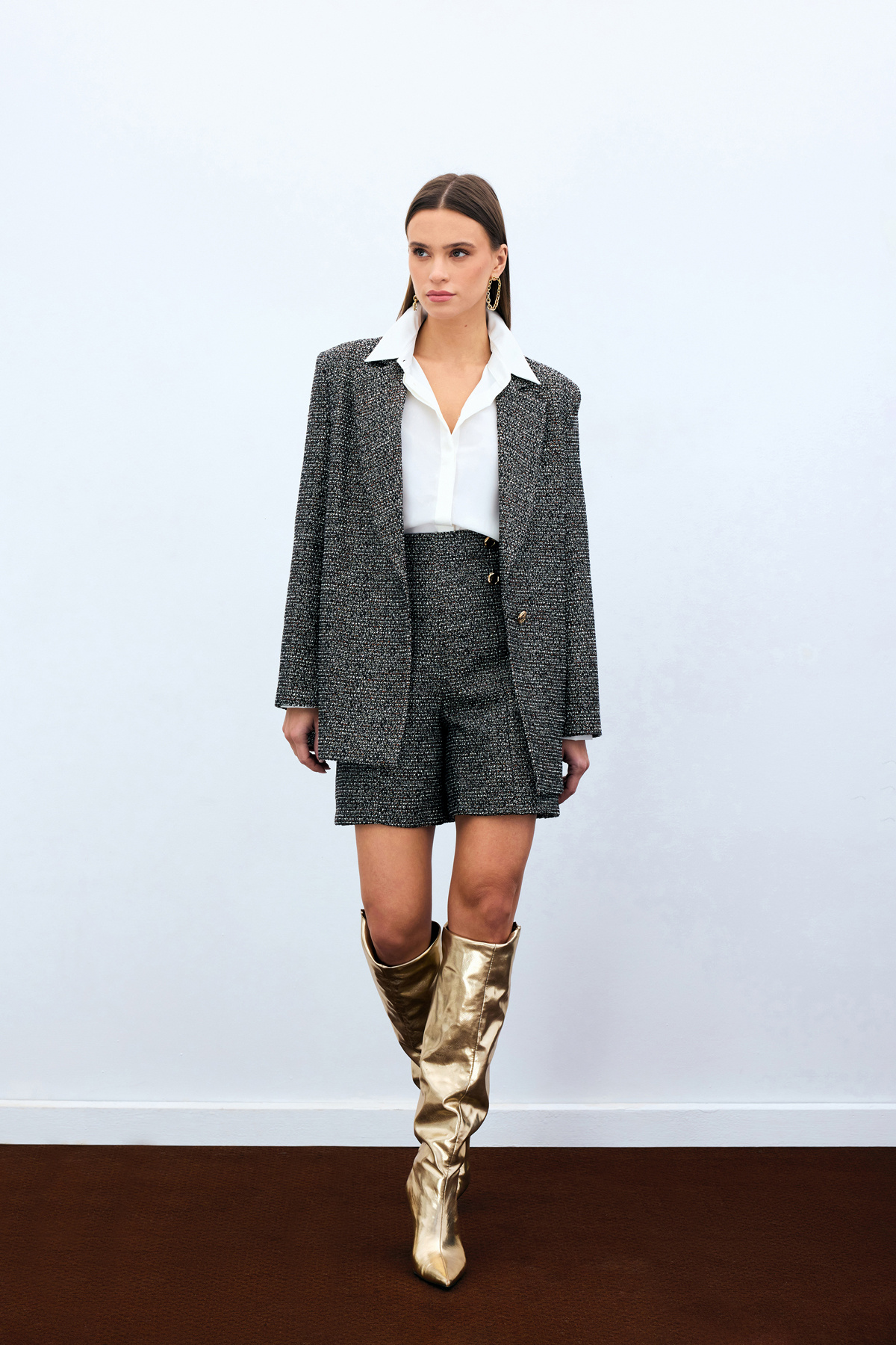 Button Detail Tweed Shorts - Brown