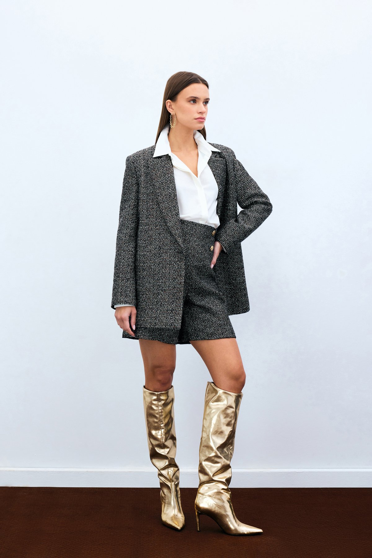 Button Detail Tweed Shorts - Brown