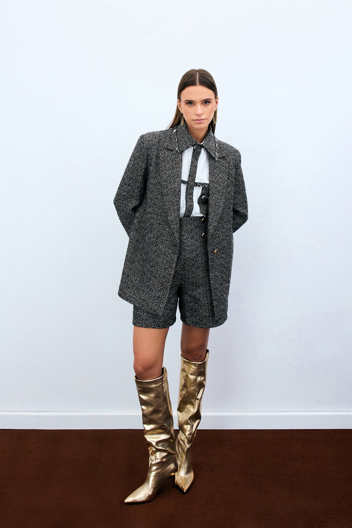 Button Detail Tweed Shorts - Brown