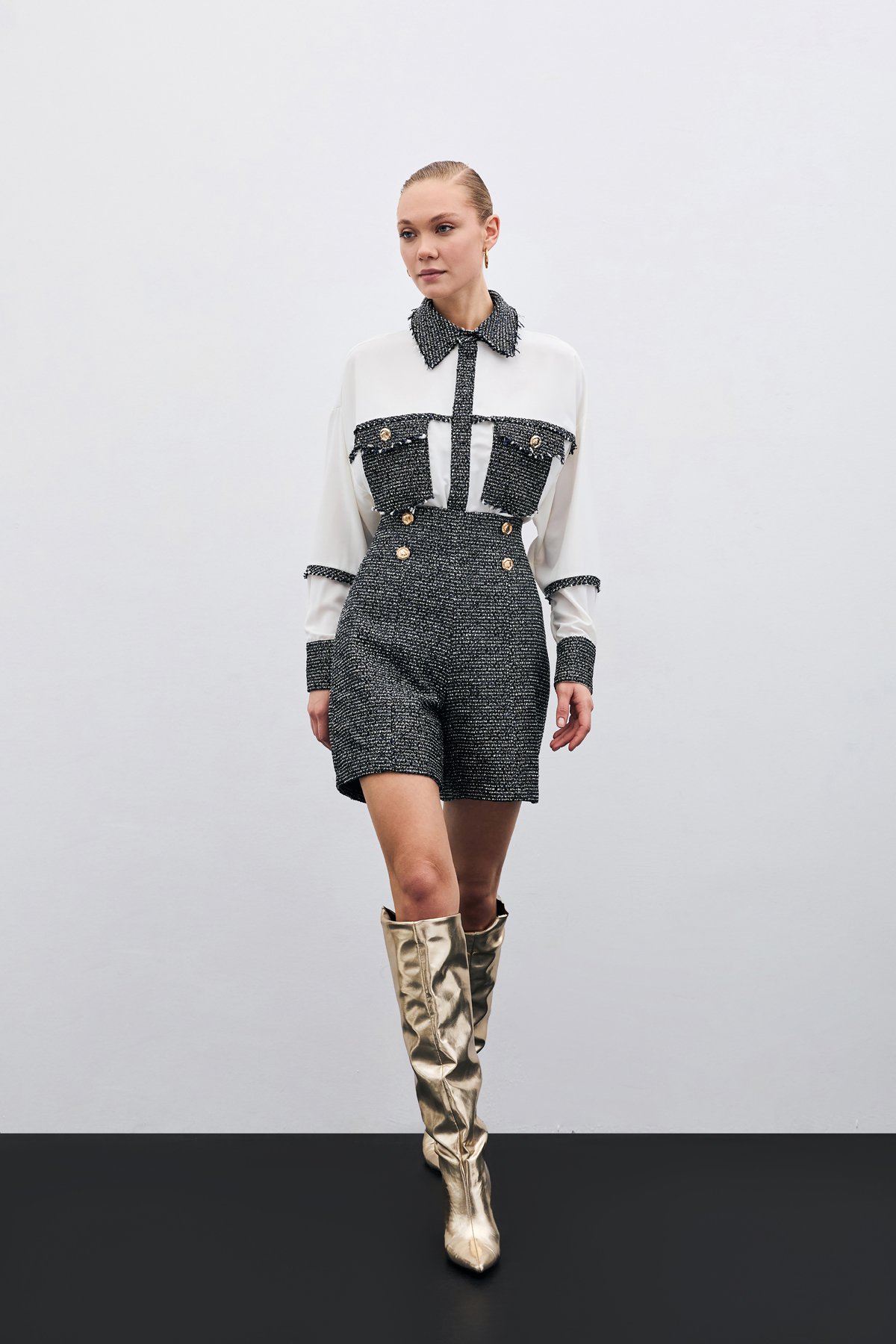 Düğme Detay Tüvit Şort - Sax Mavi