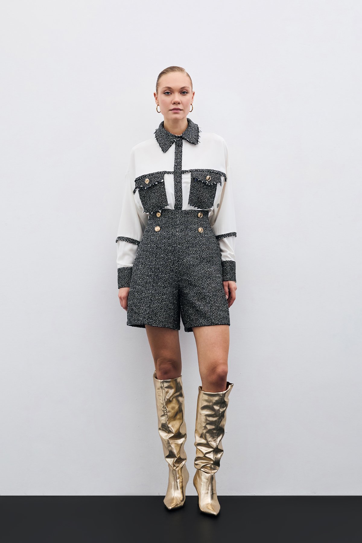 Düğme Detay Tüvit Şort - Sax Mavi