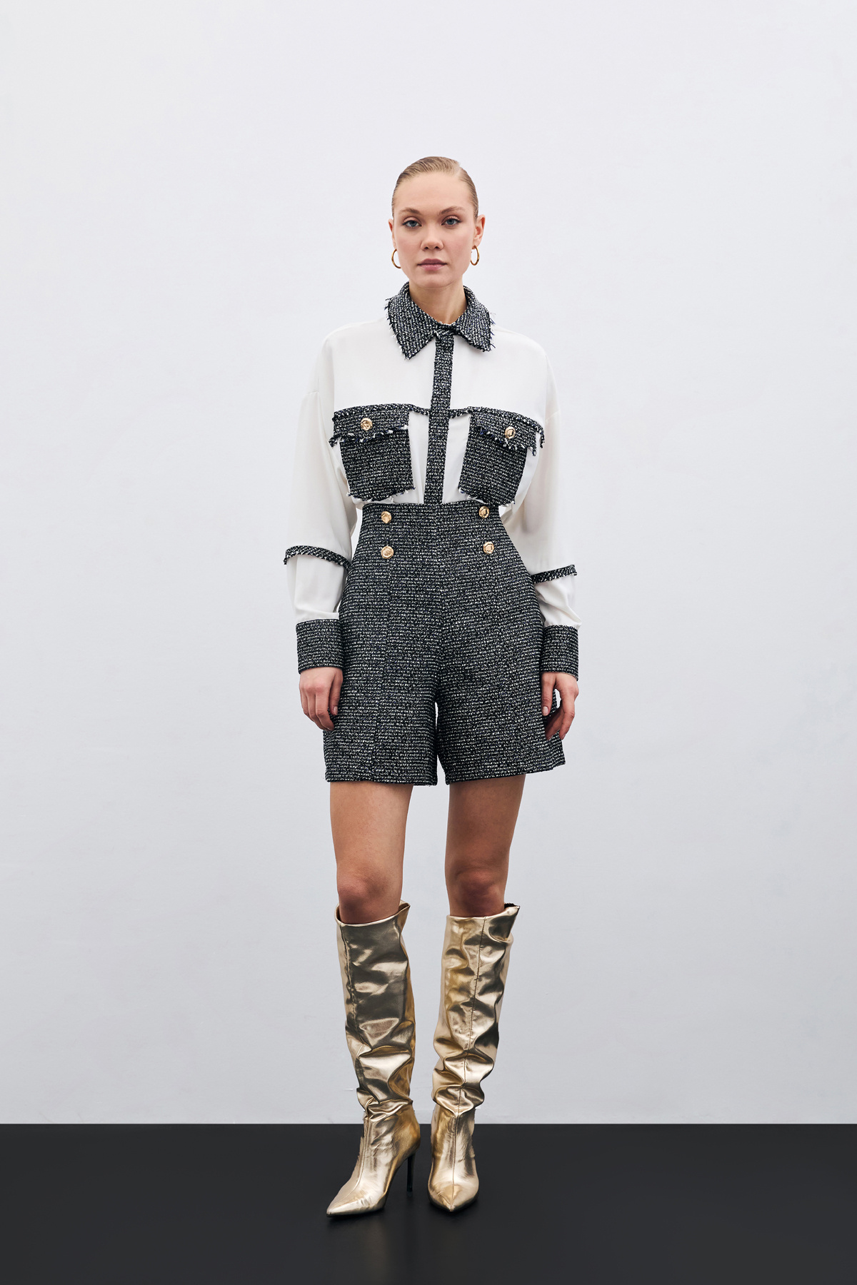 Düğme Detay Tüvit Şort - Sax Mavi