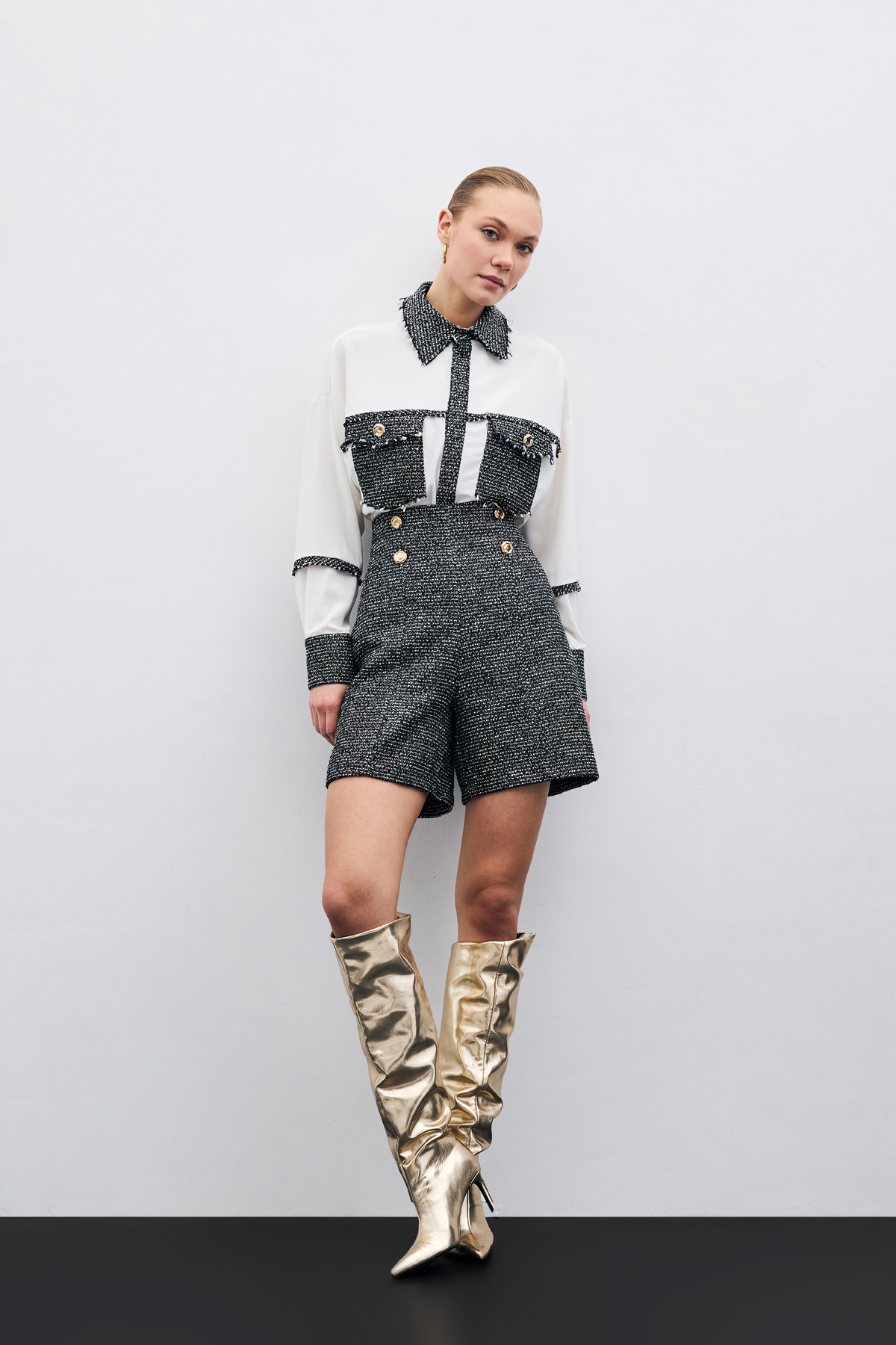 Düğme Detay Tüvit Şort - Sax Mavi