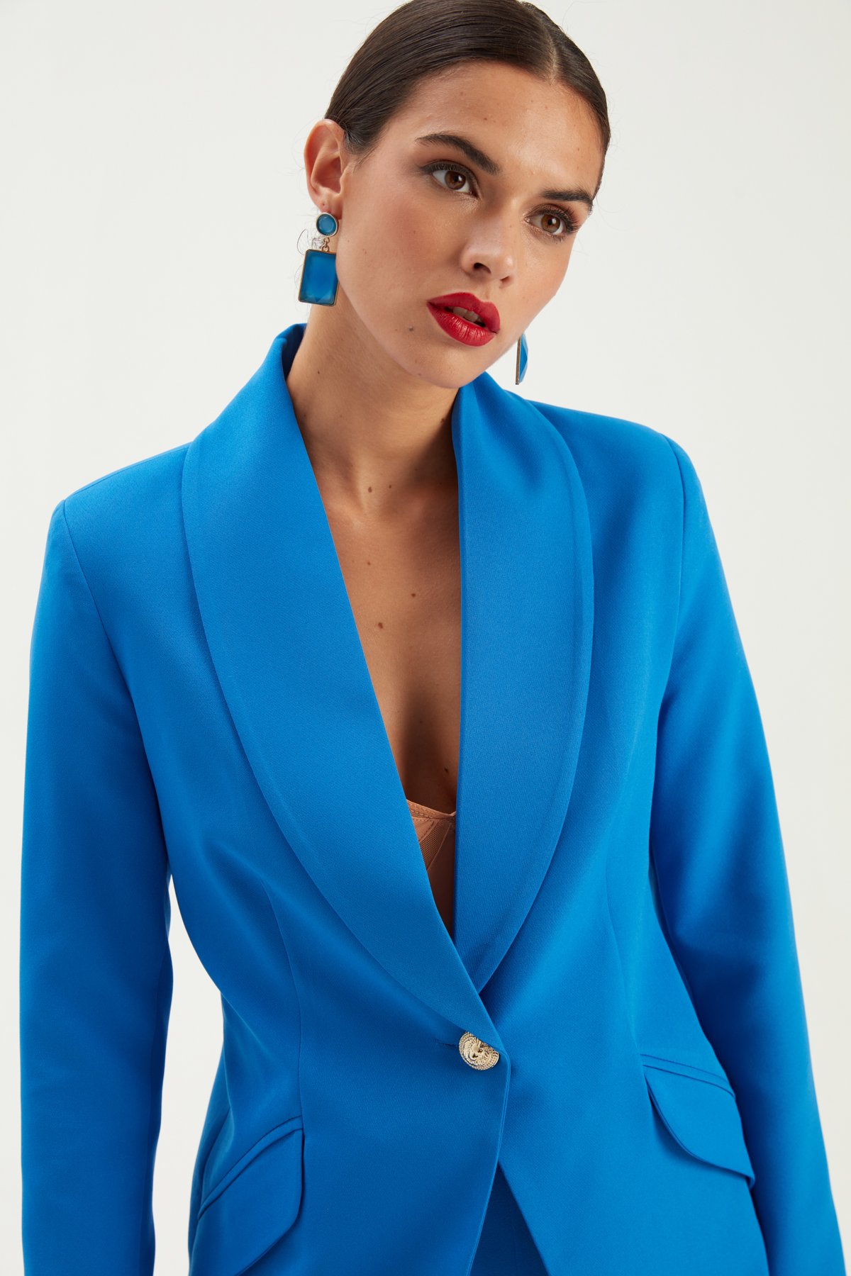 Düğme detaylı ceket - SAX MAVİ