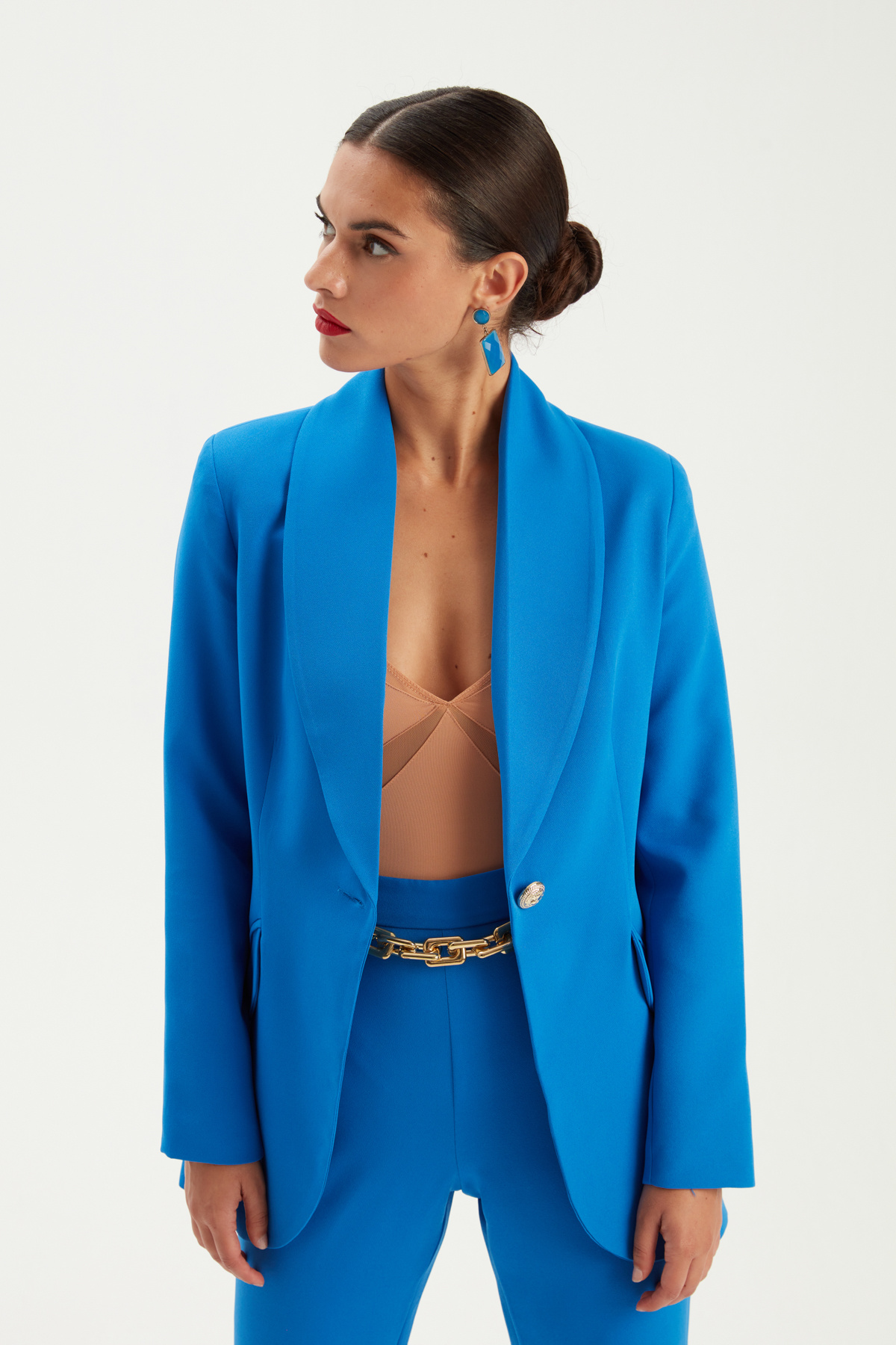 Düğme detaylı ceket - SAX MAVİ