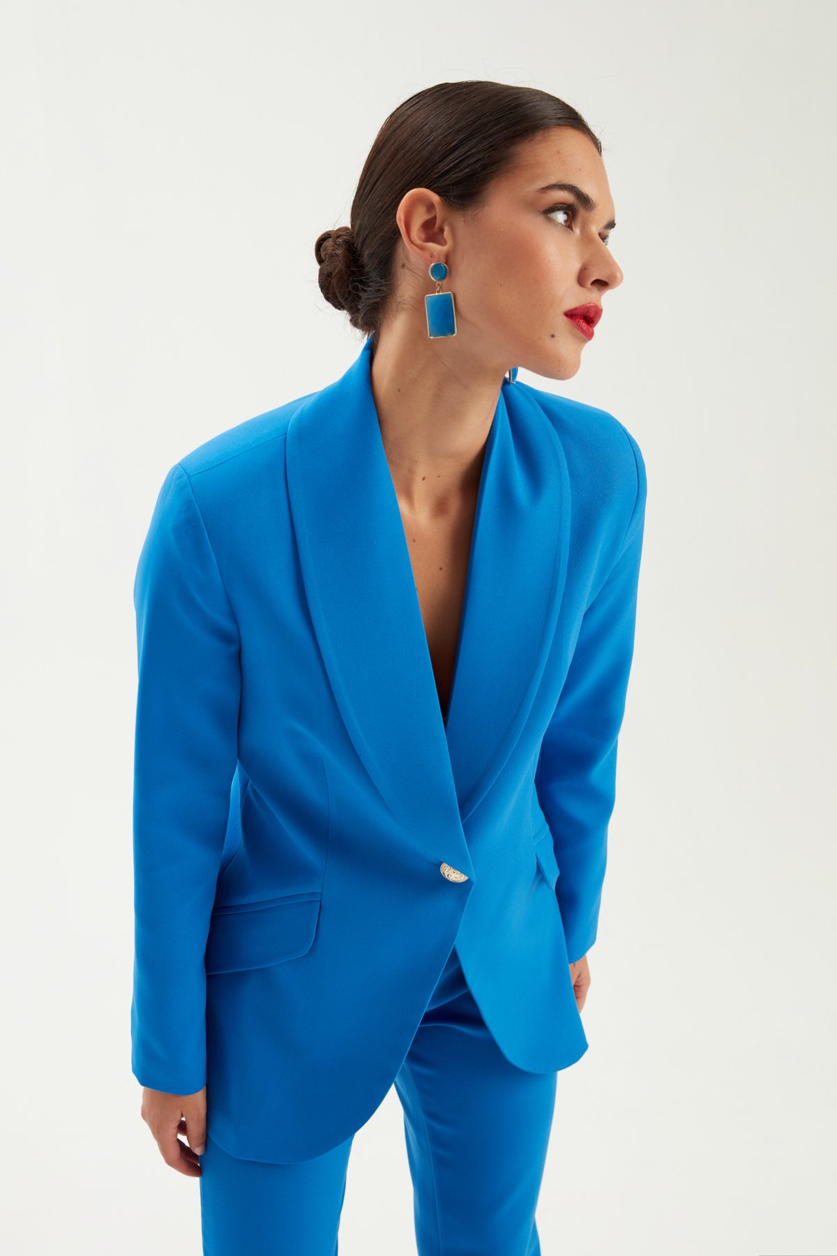 Düğme detaylı ceket - SAX MAVİ