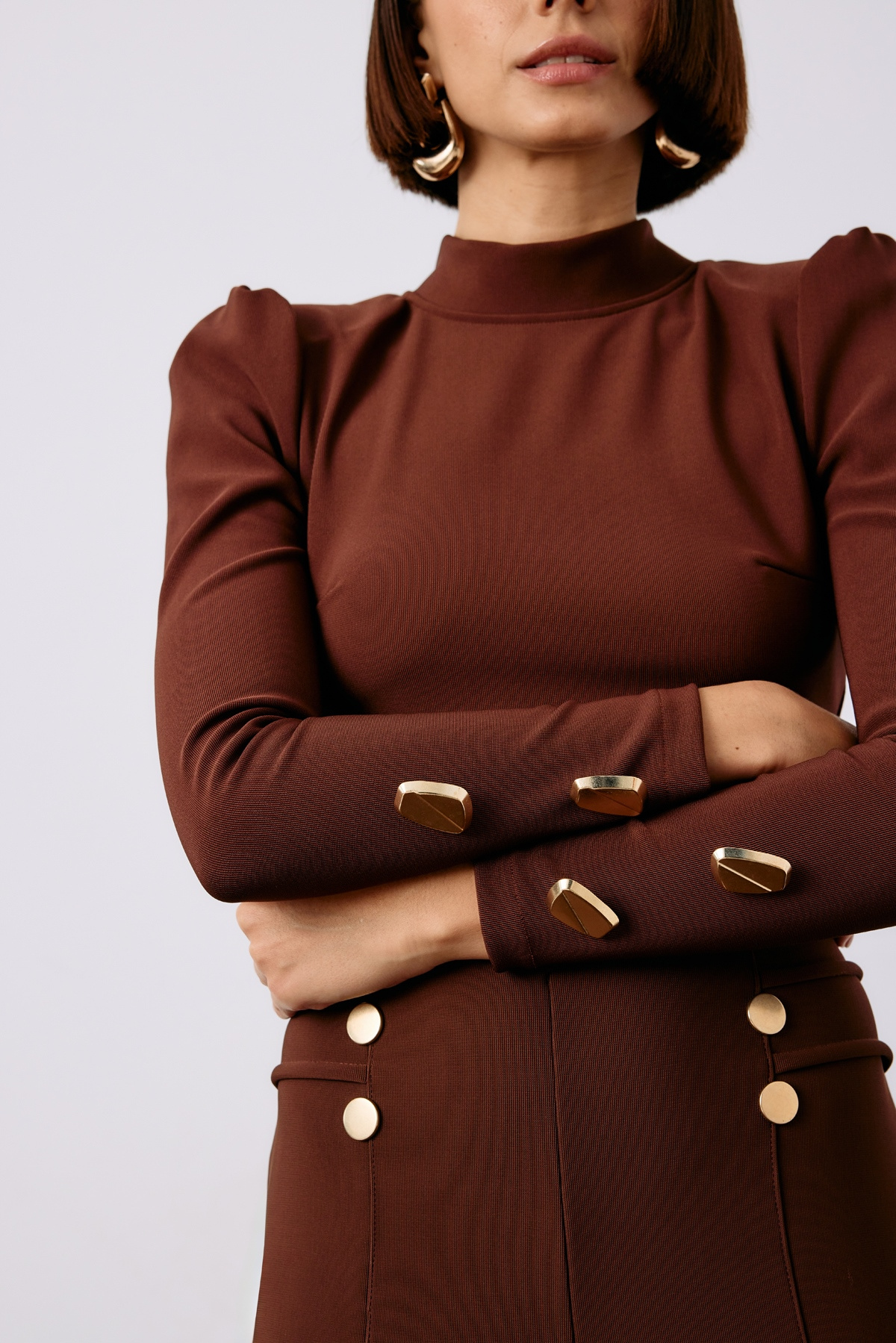 Button Detailed Crop Blouse - BROWN