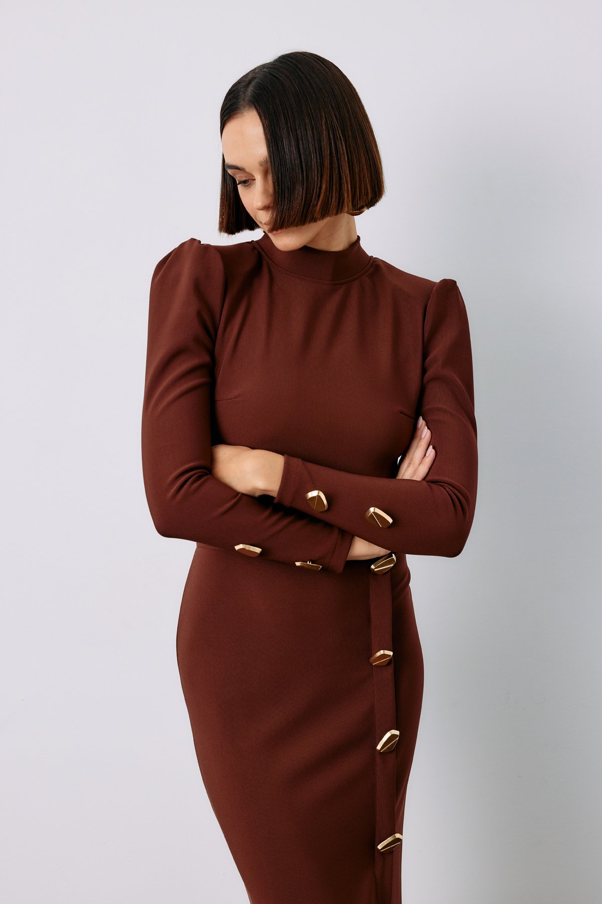 Button Detailed Crop Blouse - BROWN