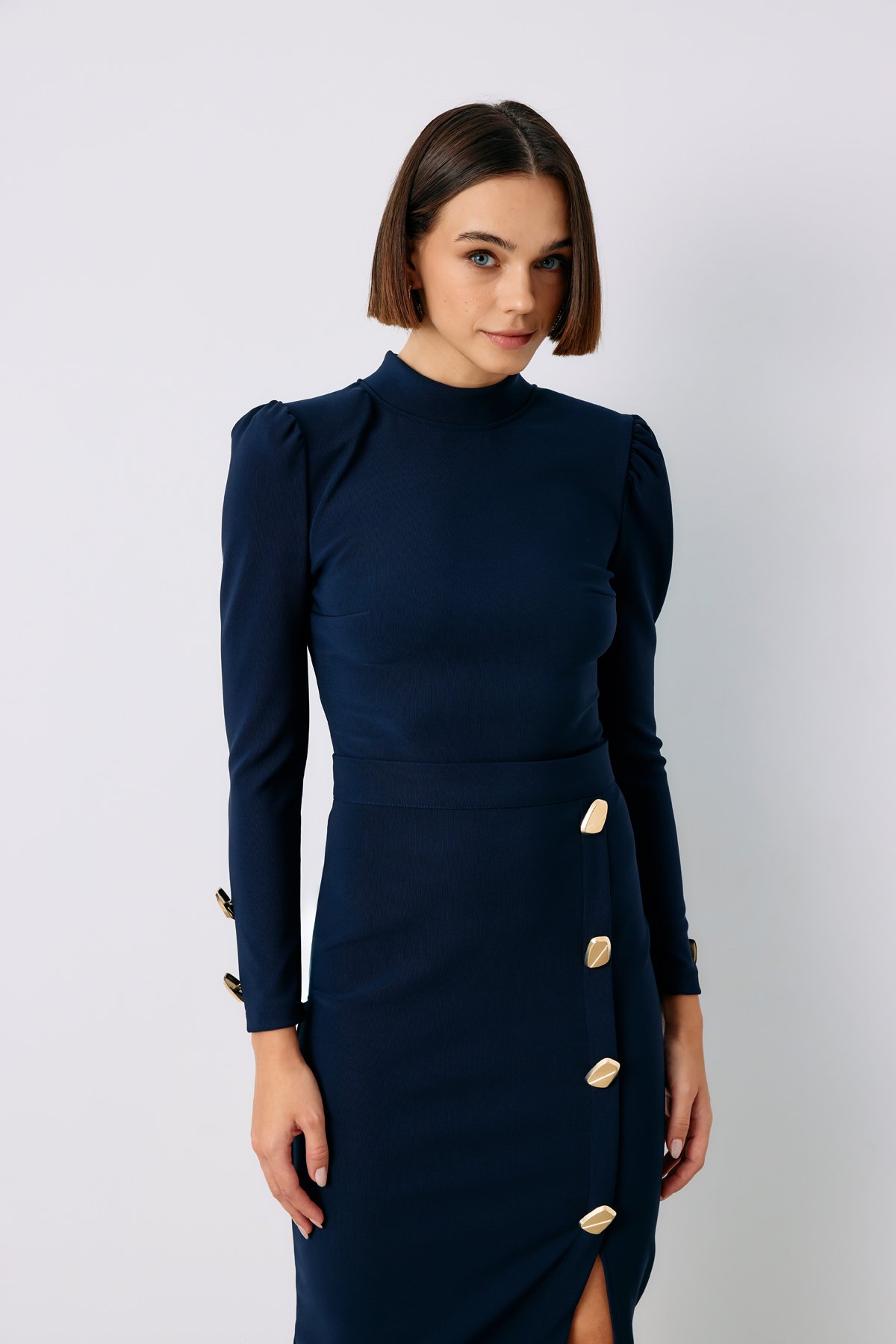 Button Detailed Crop Blouse - BLUE