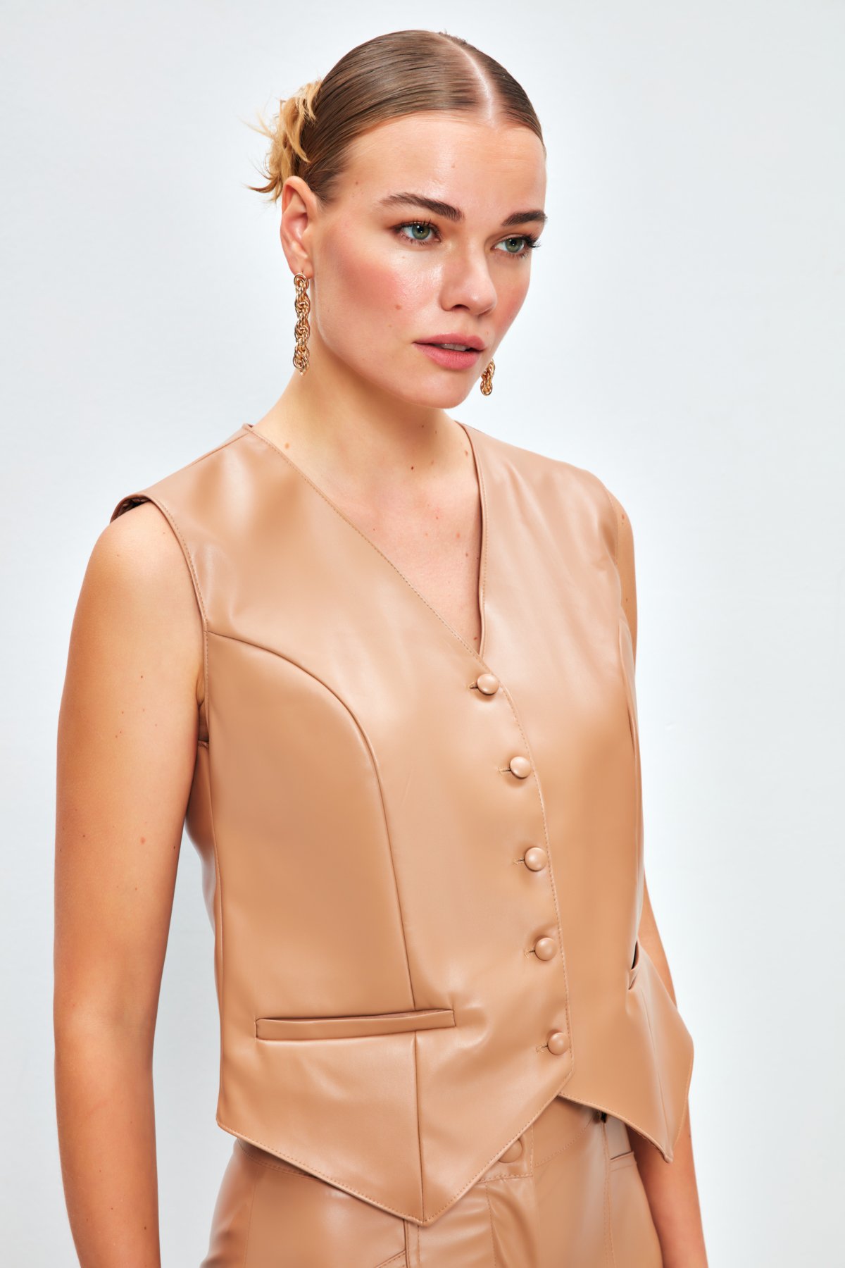 Button Detailed Leather Vest - BEIGE