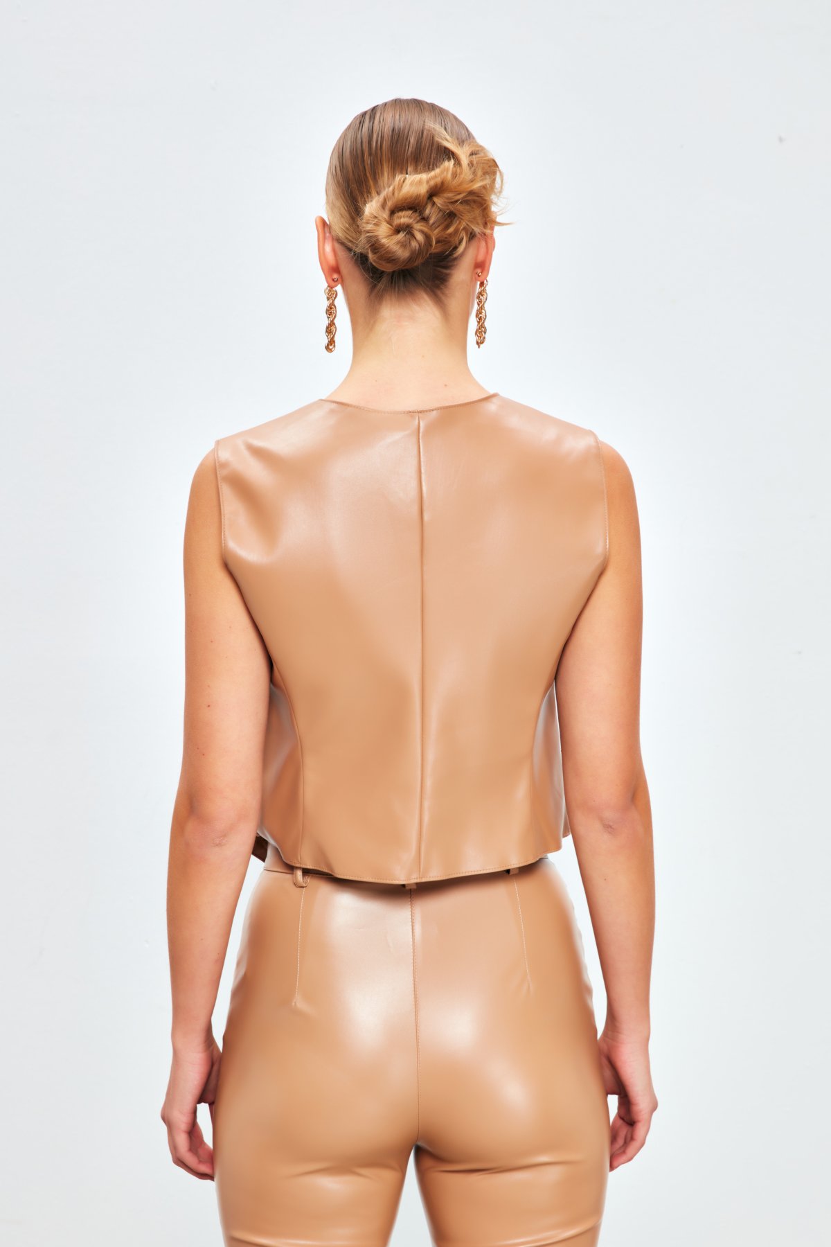 Button Detailed Leather Vest - BEIGE