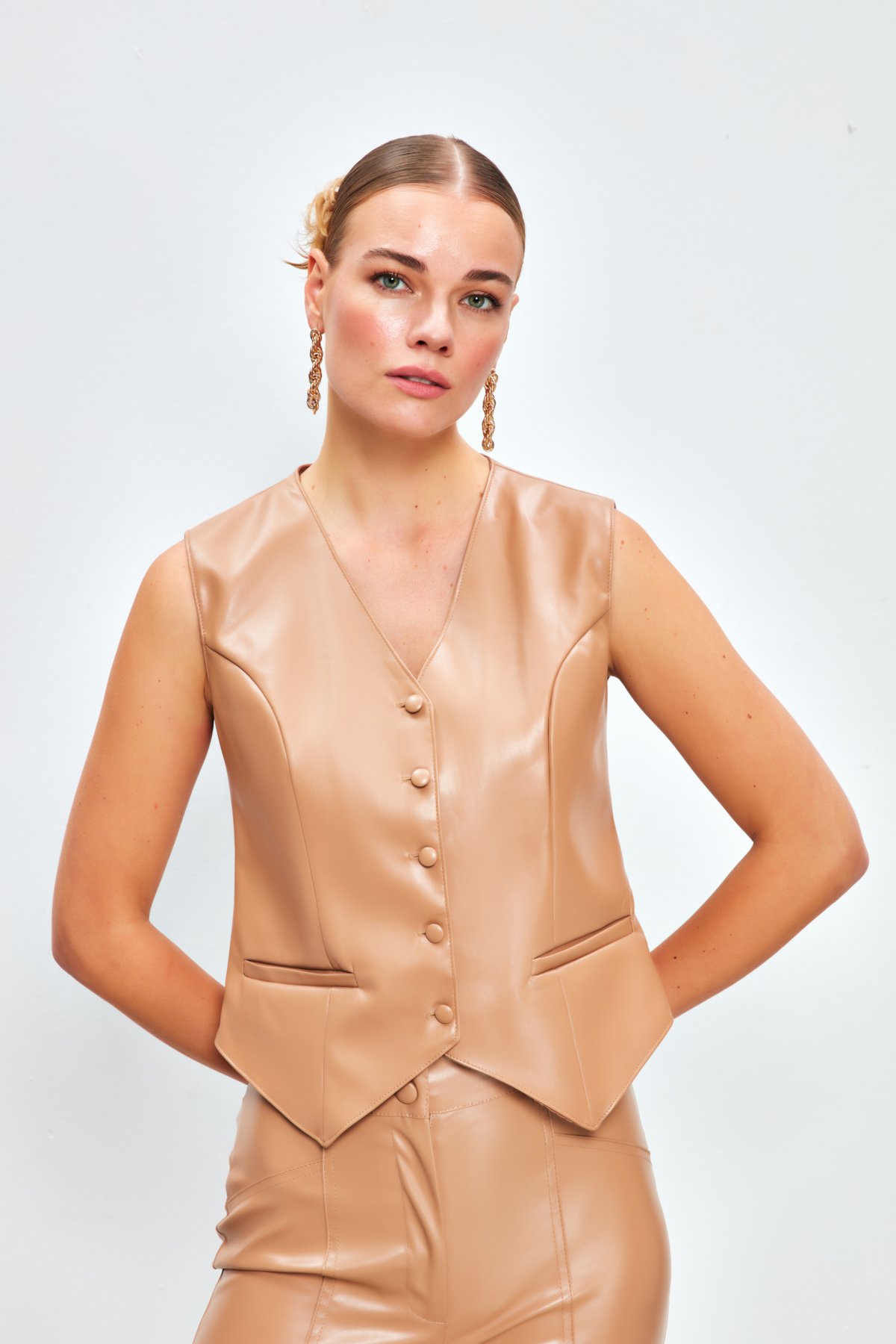 Button Detailed Leather Vest - BEIGE