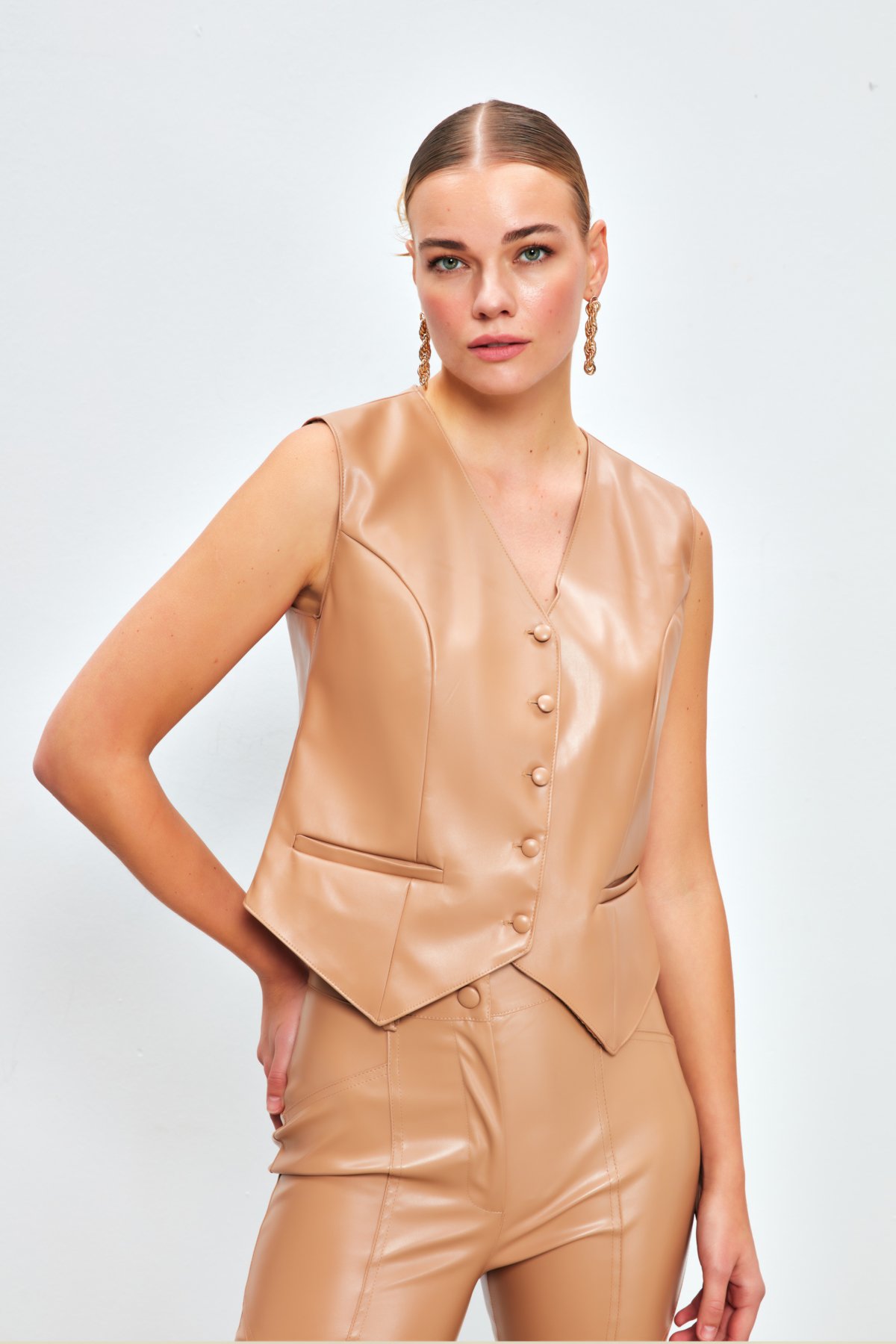 Button Detailed Leather Vest - BEIGE