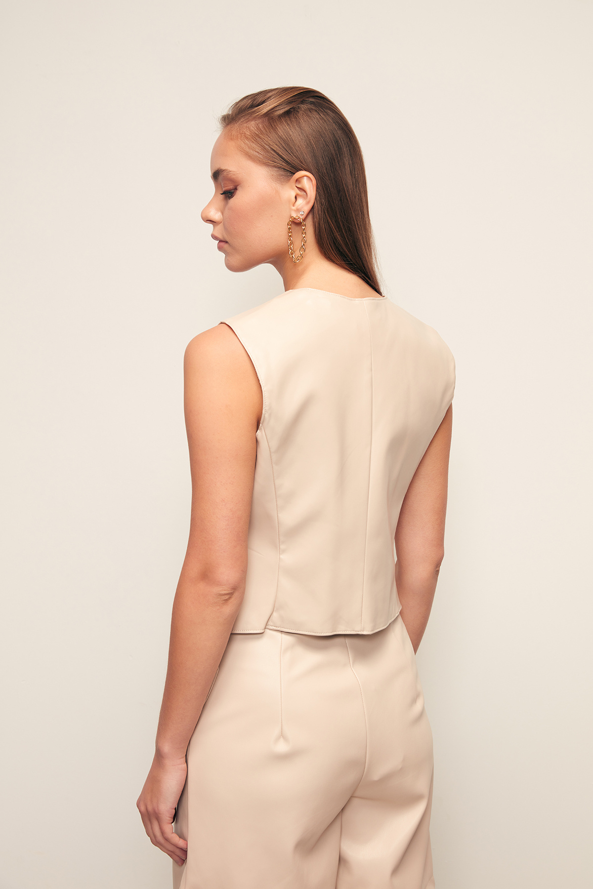 Düğme Detaylı Deri Yelek - TAŞ