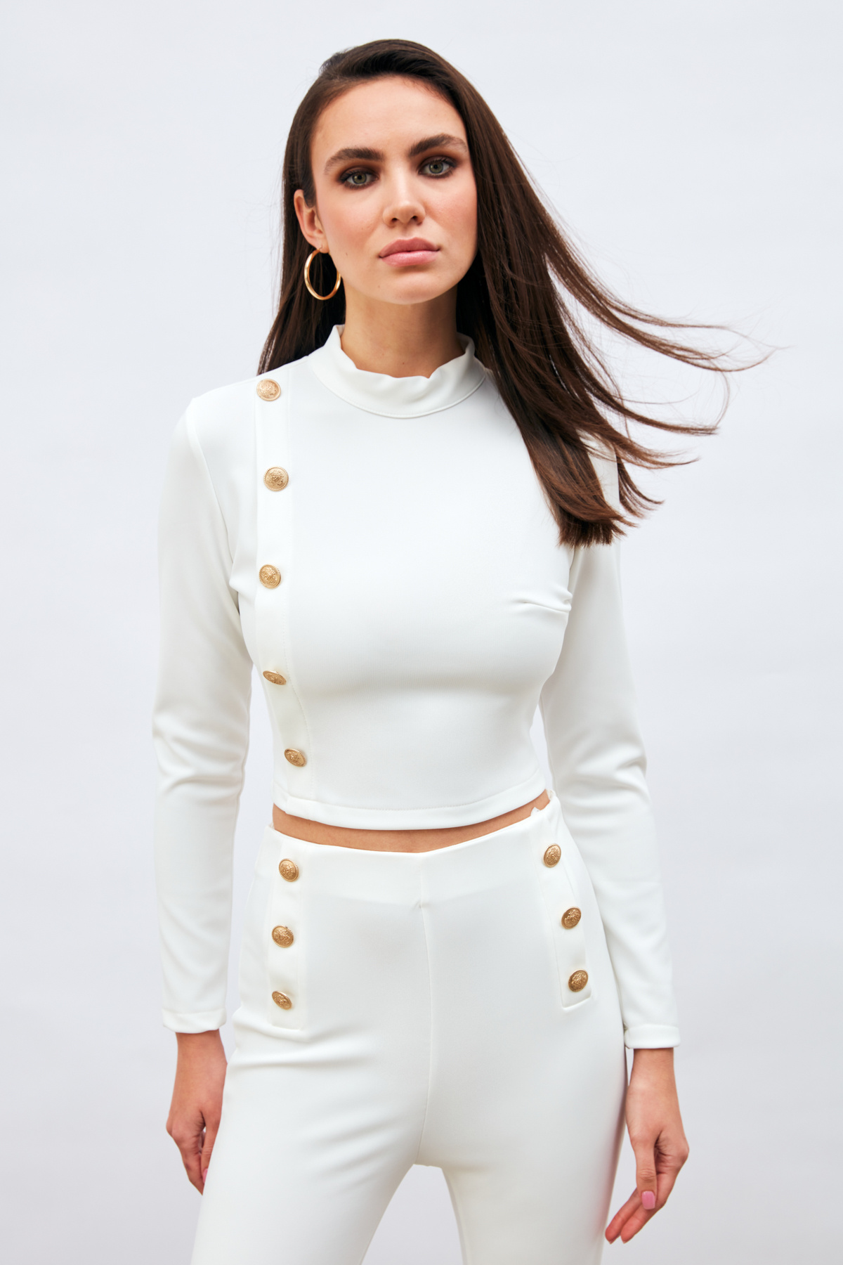 Düğme Detaylı Dik Yaka Bluz - EKRU